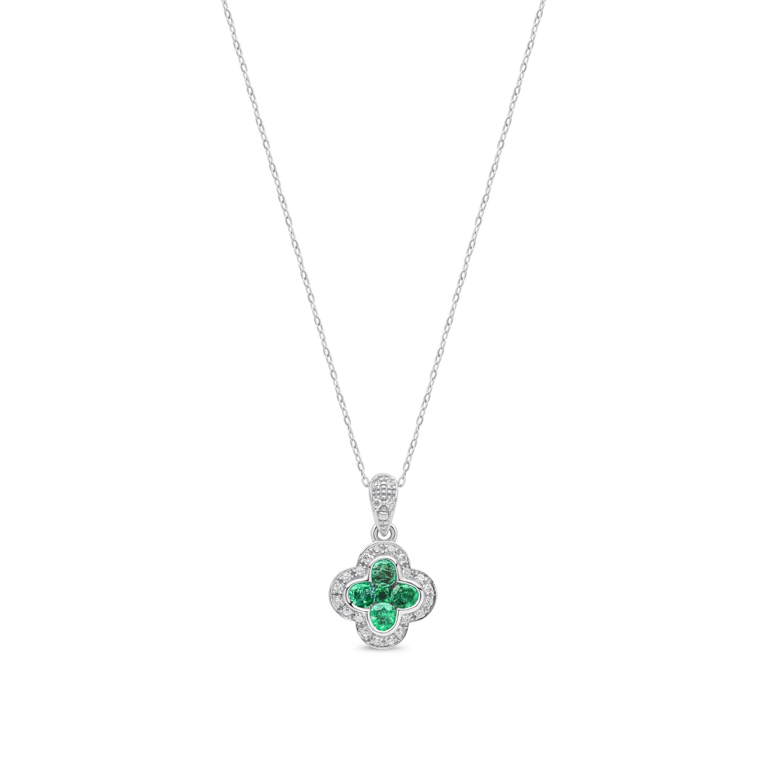 9ct White Gold Natural Round Emerald and Round Diamond Quatrefoil Halo Pendant