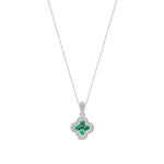 9ct White Gold Round Natural Emerald & Diamond Quatrefoil Halo Pendant