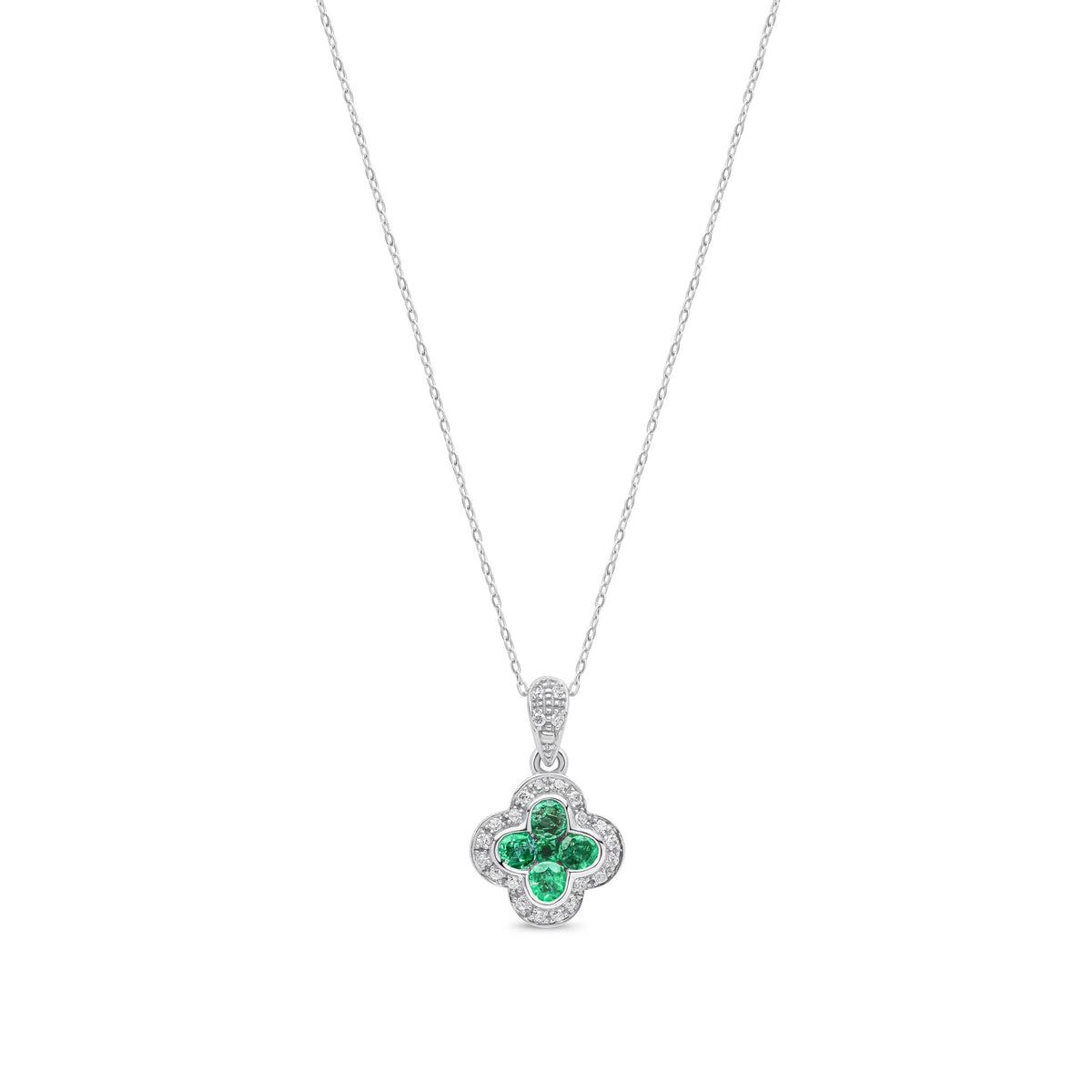 9ct White Gold Round Natural Emerald & Diamond Quatrefoil Halo Pendant