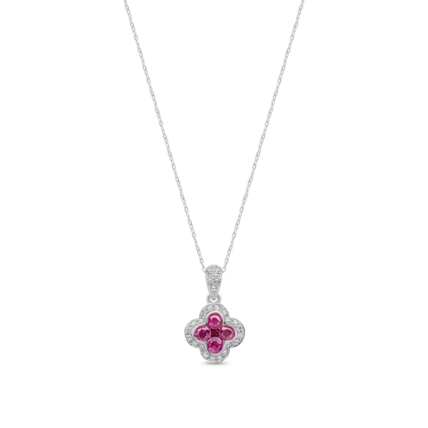 9ct White Gold Natural Round Ruby and Round Diamond Quatrefoil Halo Pendant