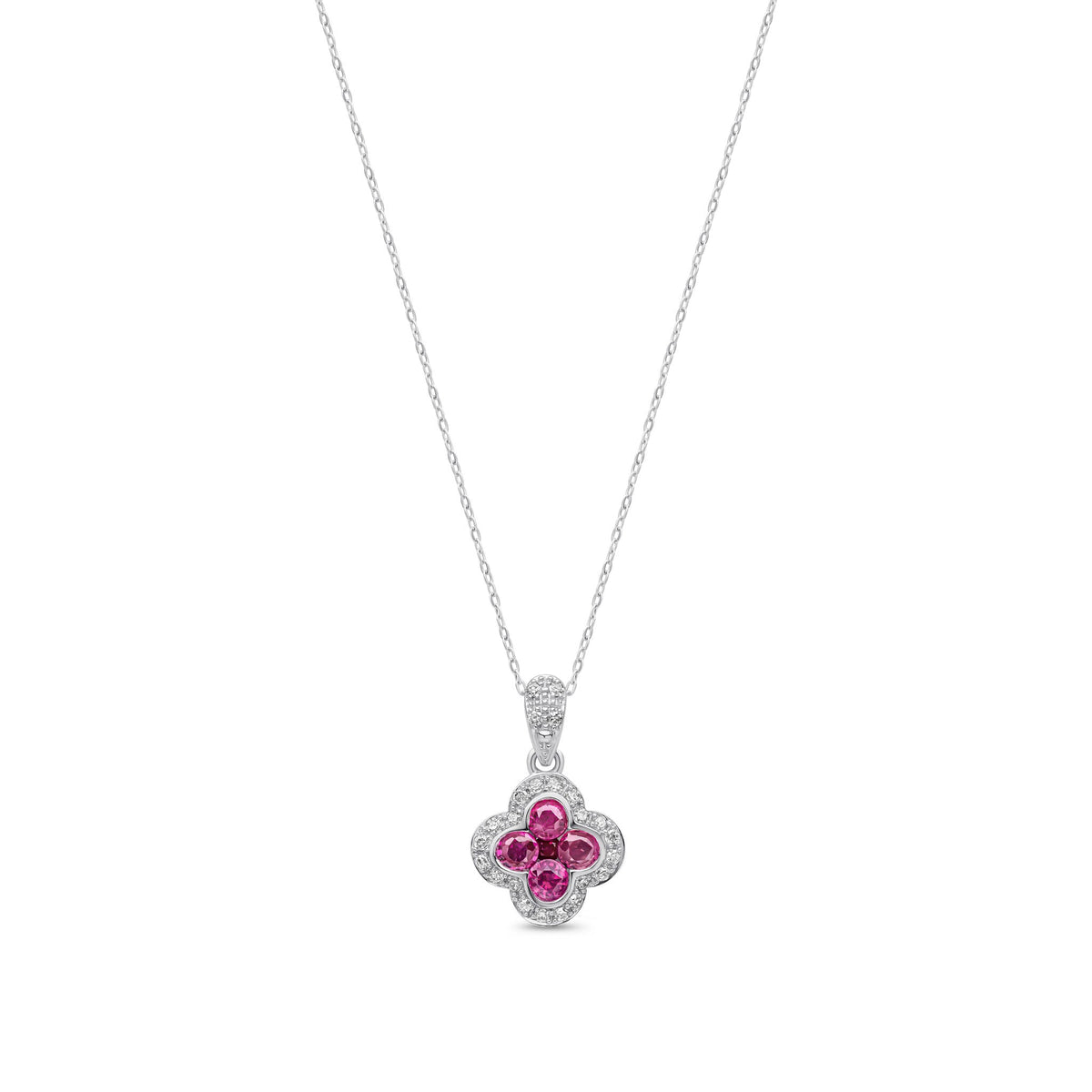 9ct White Gold Round Natural Ruby & Diamond Quatrefoil Halo Pendant