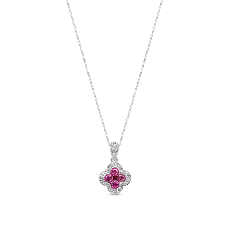 9ct White Gold Round Natural Ruby & Diamond Quatrefoil Halo Pendant