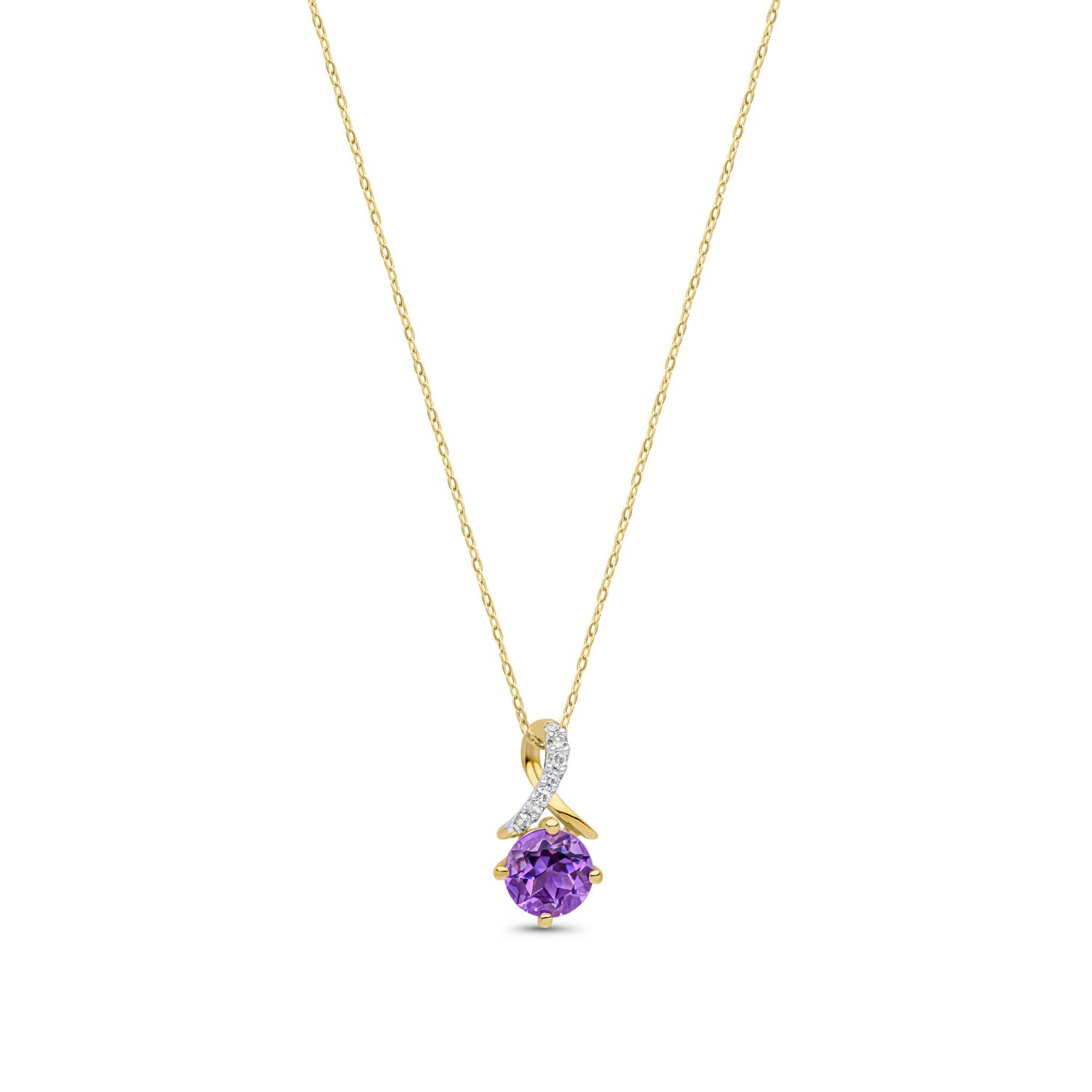 9ct Yellow Gold Natural Round Amethyst and Round Diamond Twist Pendant