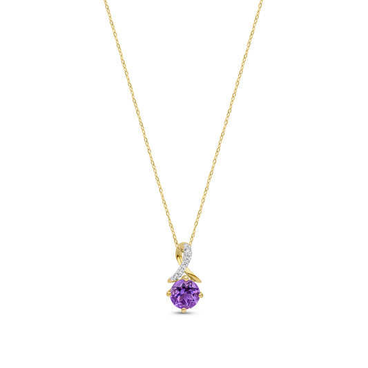 9ct Yellow Gold Natural Round Amethyst and Round Diamond Twist Pendant