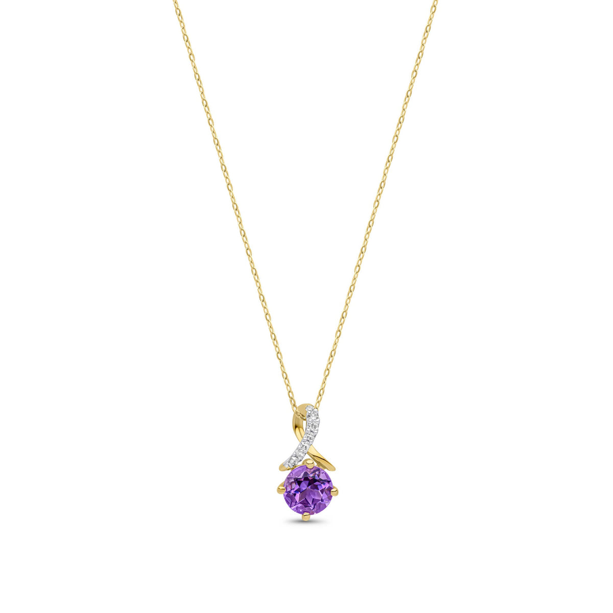 9ct Yellow Gold Round Natural Amethyst & Diamond Twist Pendant — 5mm