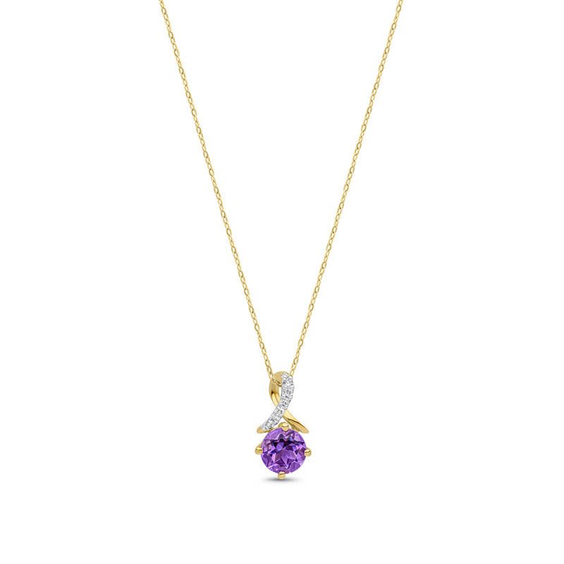 9ct Yellow Gold Round Natural Amethyst & Diamond Twist Pendant — 5mm