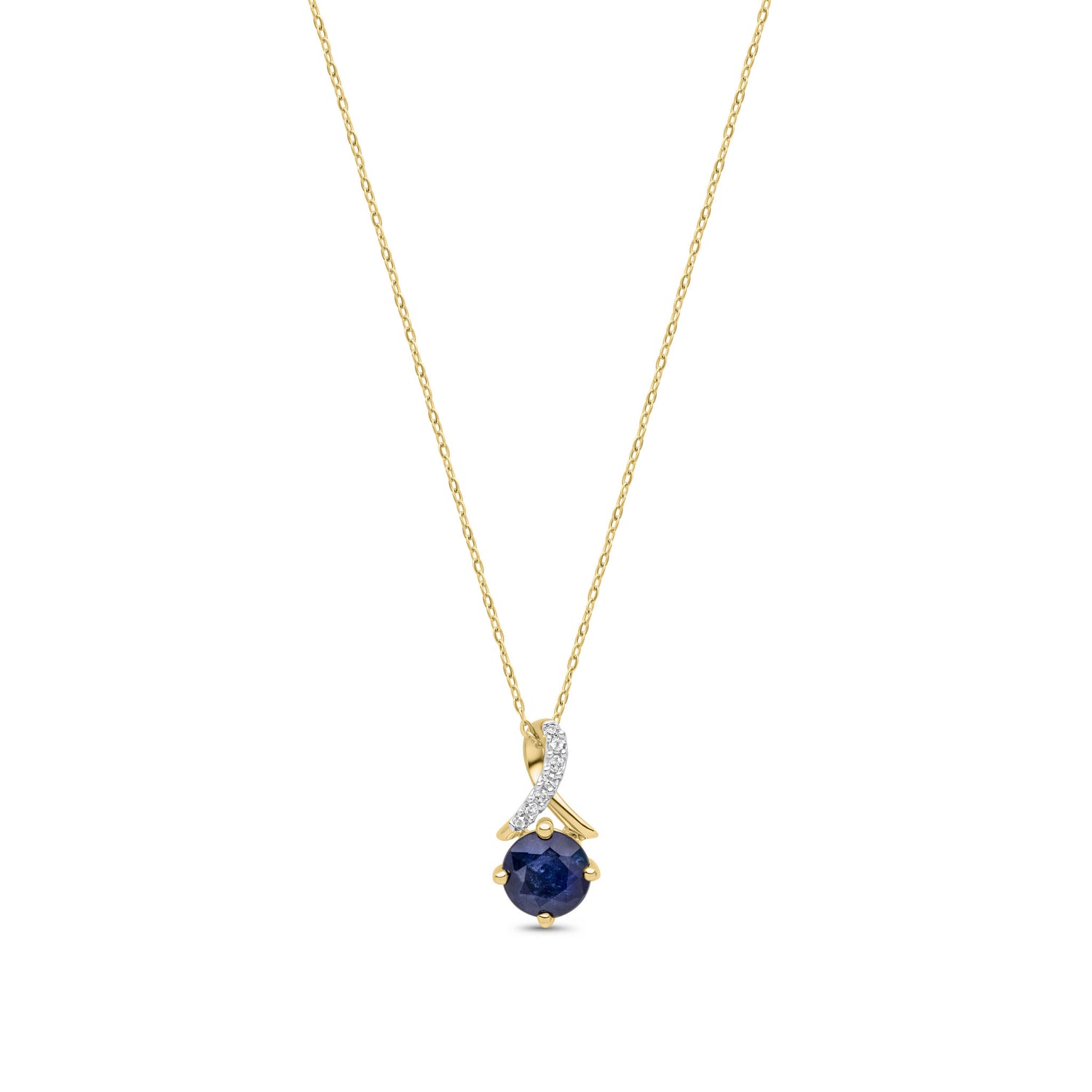 9ct Yellow Gold Natural Round Blue Sapphire and Round Diamond Twist Pendant
