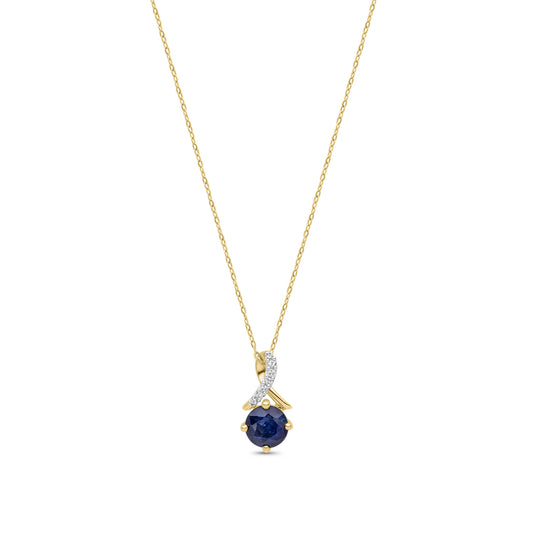 9ct Yellow Gold Natural Round Blue Sapphire and Round Diamond Twist Pendant