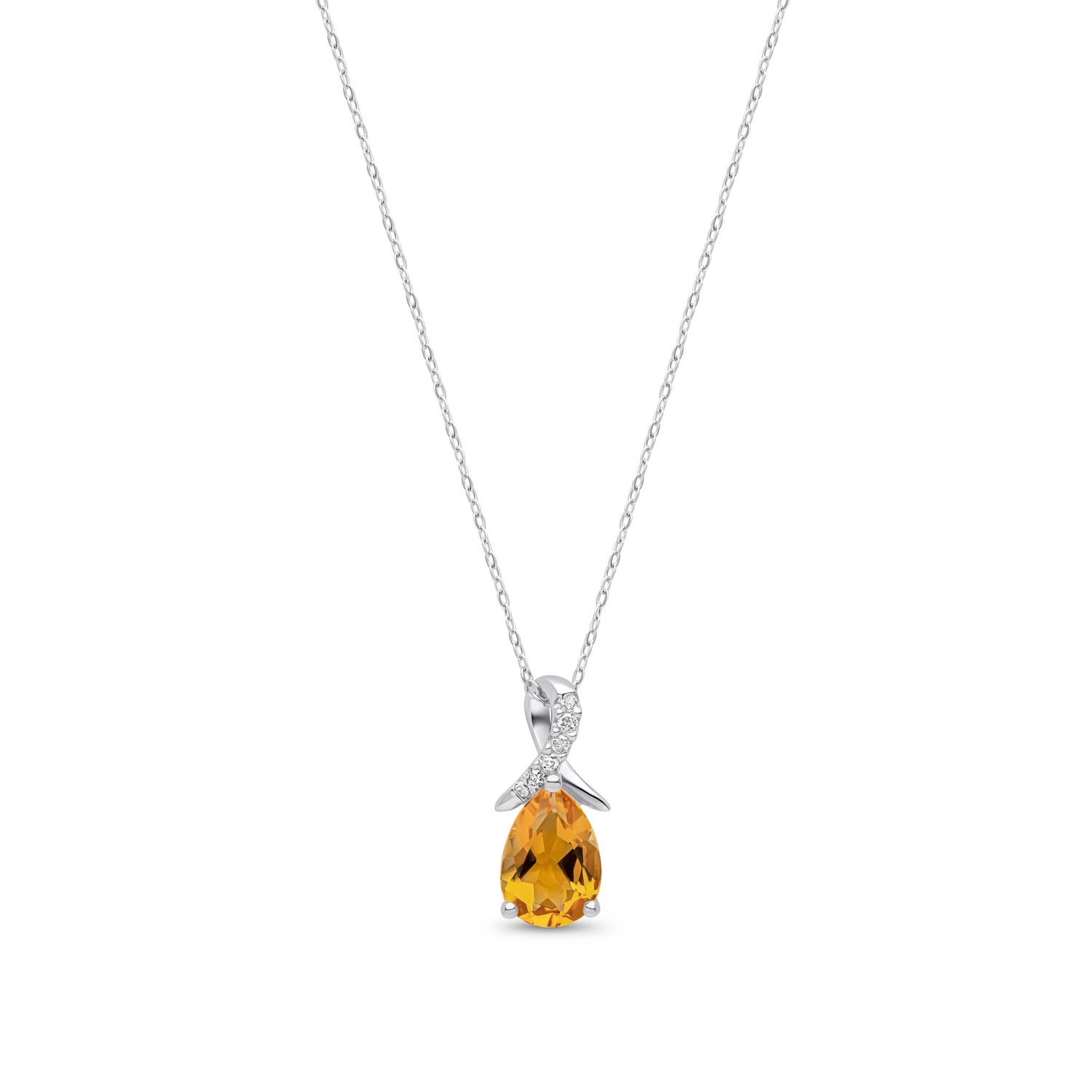 9ct White Gold Natural Pear Shaped Citrine and Round Diamond Twist Pendant