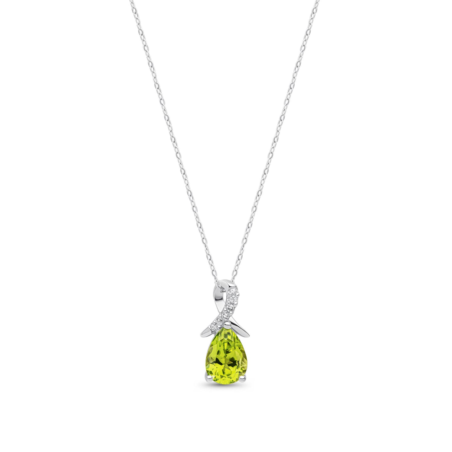 9ct White Gold Natural Pear Shaped Peridot and Round Diamond Twist Pendant