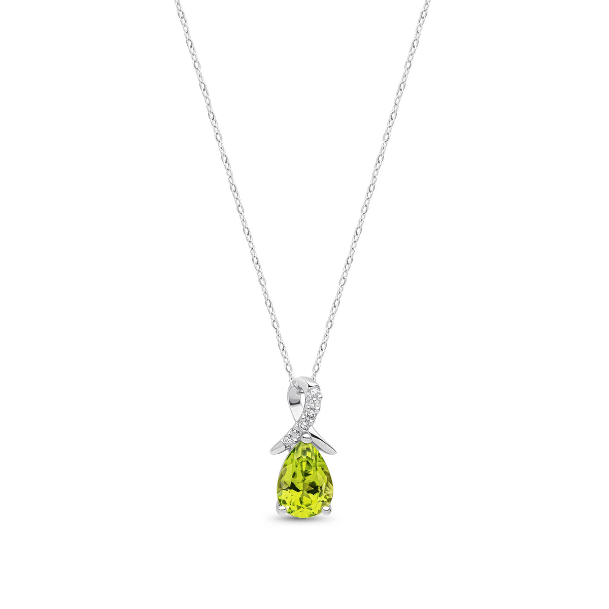 9ct White Gold Pear Natural Peridot & Diamond Twist Pendant — 7x5mm
