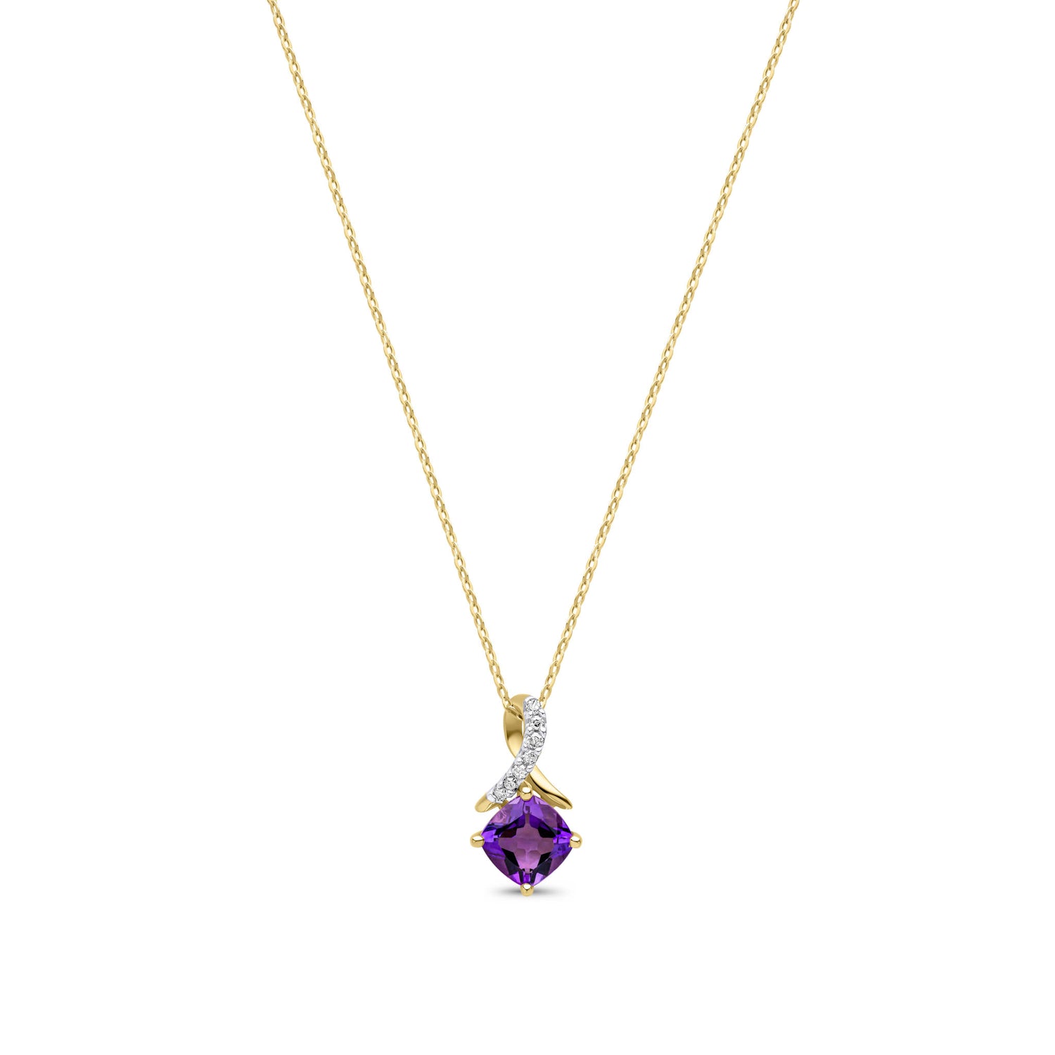9ct Yellow Gold Natural Cushion Amethyst and Round Diamond Crossover Pendant