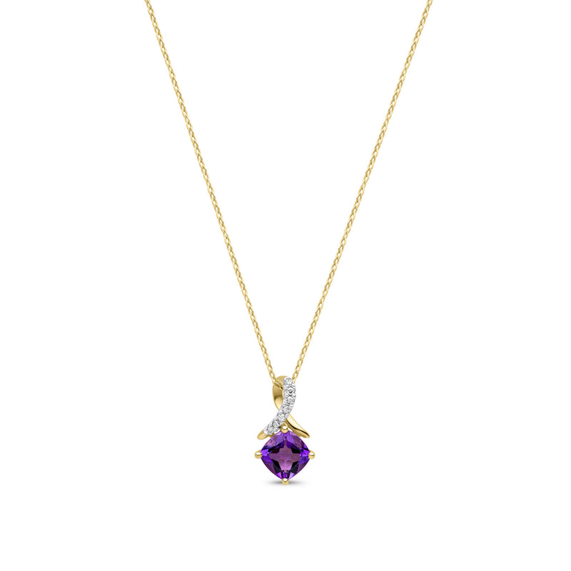 9ct Yellow Gold Cushion Natural Amethyst & Diamond Crossover Pendant — 5mm