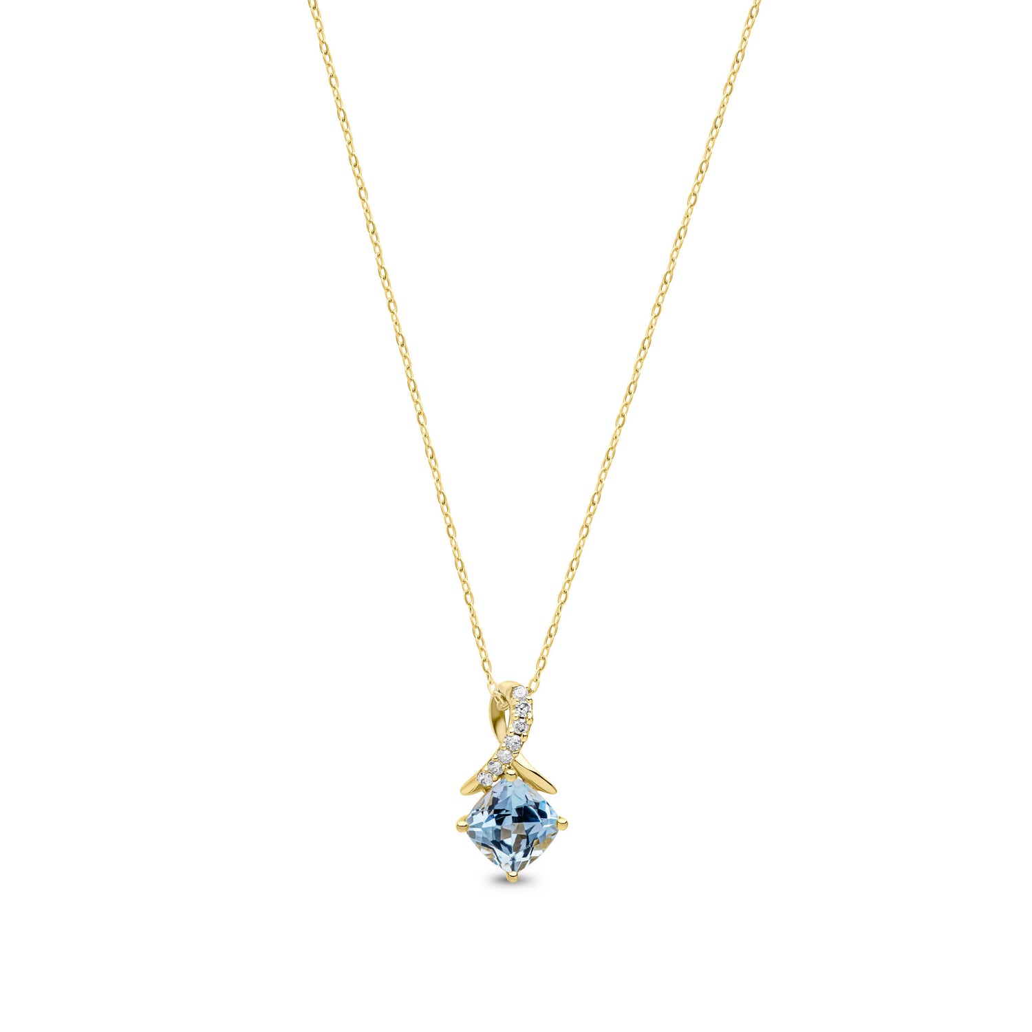 9ct Yellow Gold Natural Cushion Swiss Blue Topaz and Round Diamond Crossover Pendant