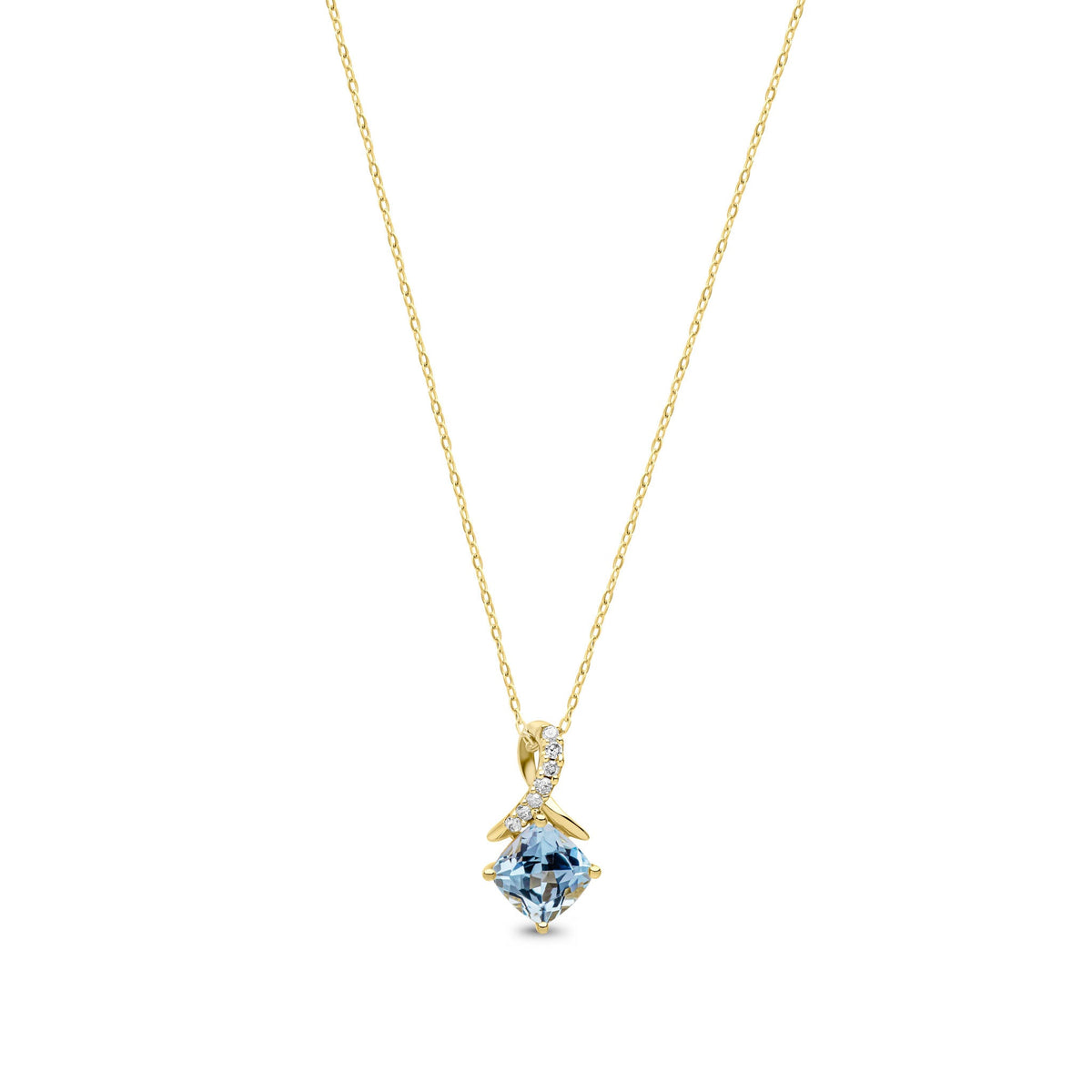 9ct Yellow Gold Cushion Natural Swiss Blue Topaz & Diamond Crossover Pendant — 5mm