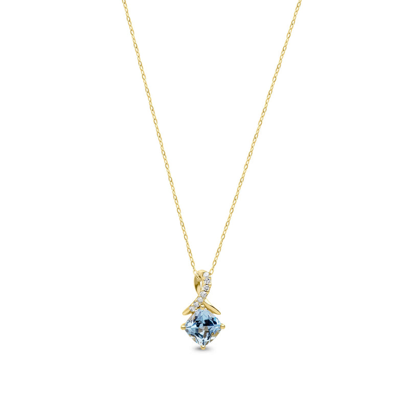9ct Yellow Gold Cushion Natural Swiss Blue Topaz & Diamond Crossover Pendant — 5mm