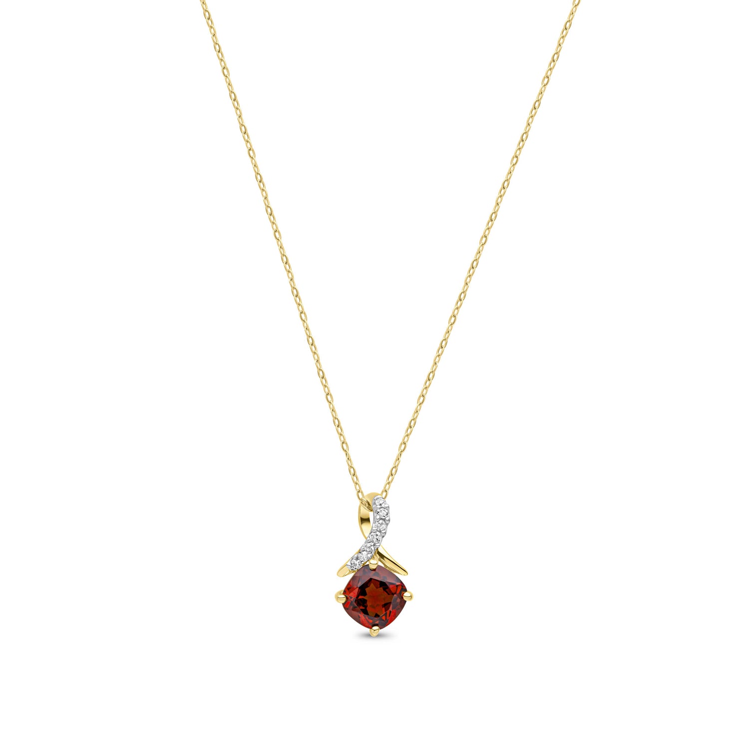 9ct Yellow Gold Natural Cushion Garnet and Round Diamond Crossover Pendant