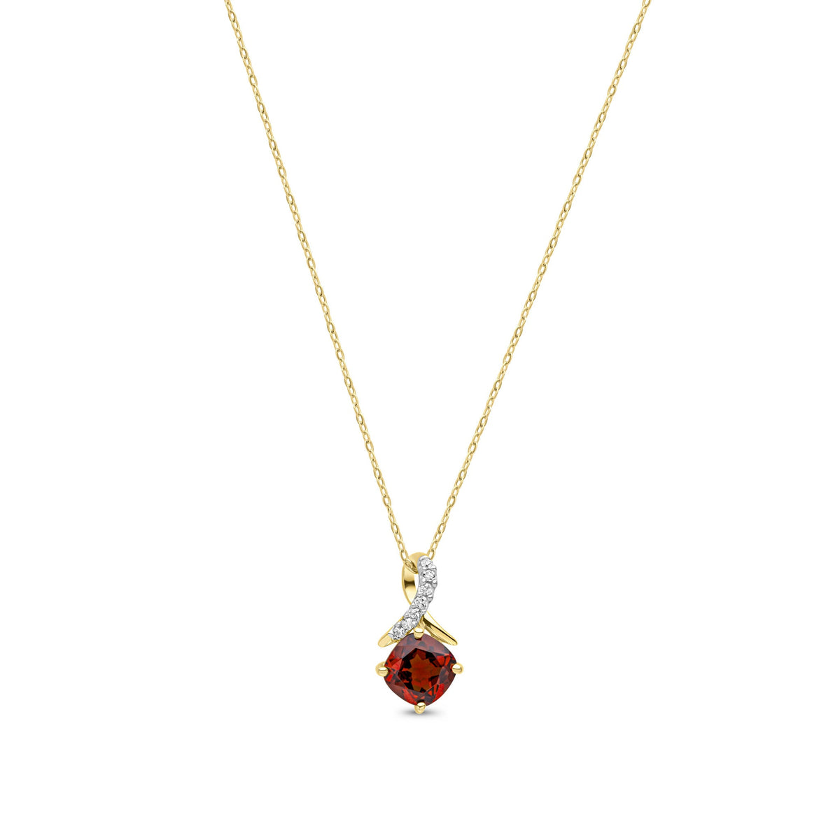 9ct Yellow Gold Cushion Natural Garnet & Diamond Crossover Pendant — 5mm