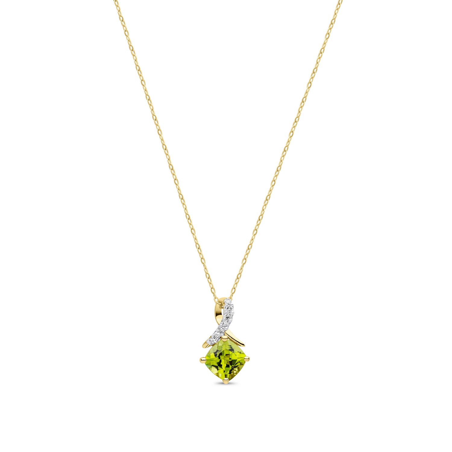 9ct Yellow Gold Natural Cushion Peridot and Round Diamond Crossover Pendant