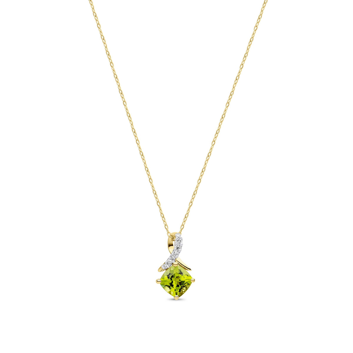 9ct Yellow Gold Cushion Natural Peridot & Diamond Crossover Pendant — 5mm