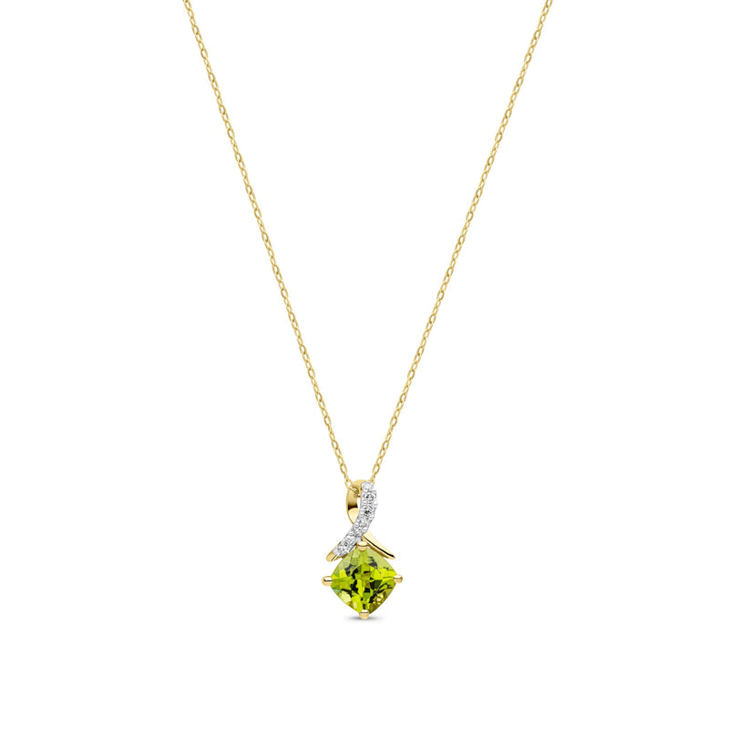 9ct Yellow Gold Cushion Natural Peridot & Diamond Crossover Pendant — 5mm