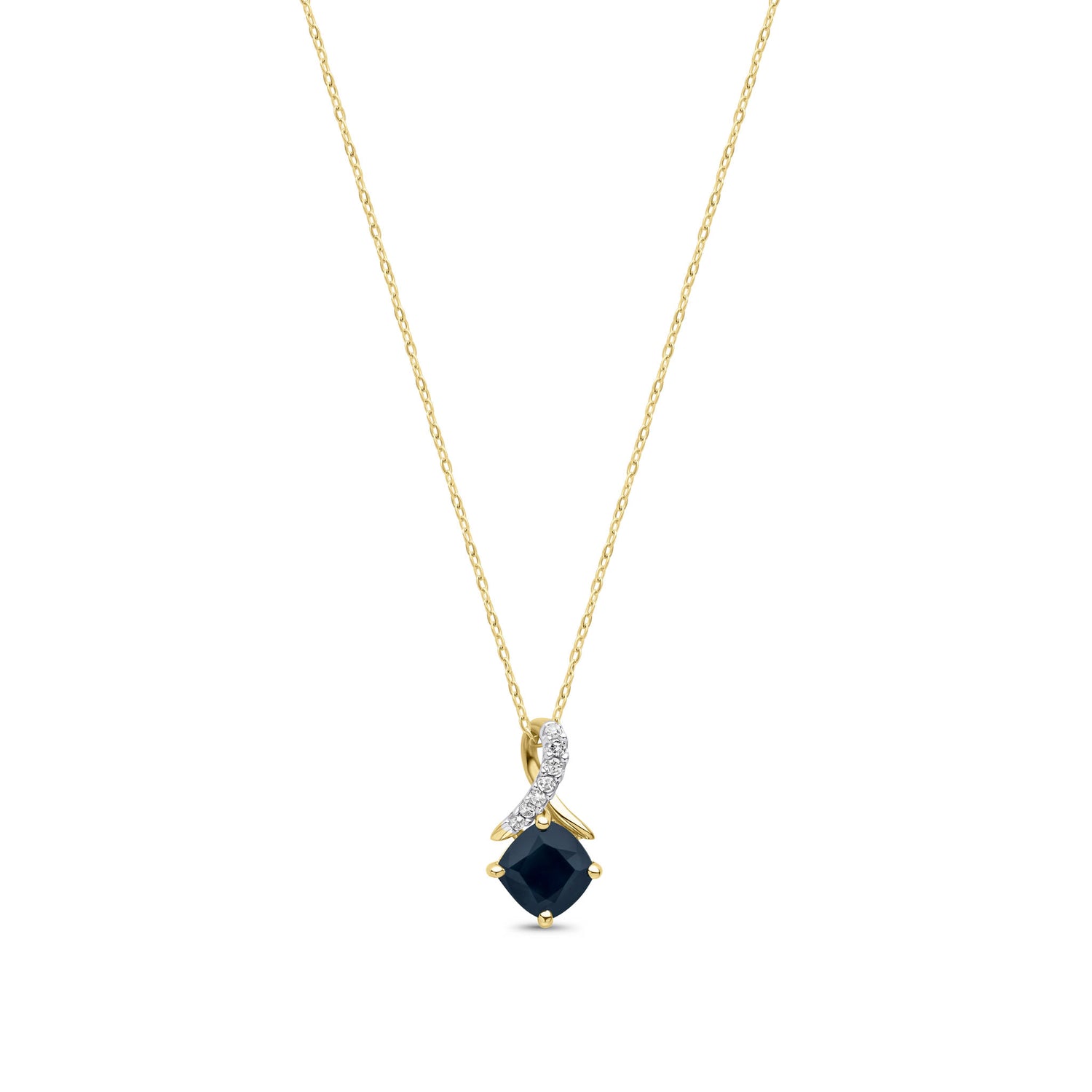 9ct Yellow Gold Natural Cushion Blue Sapphire and Round Diamond Crossover Pendant