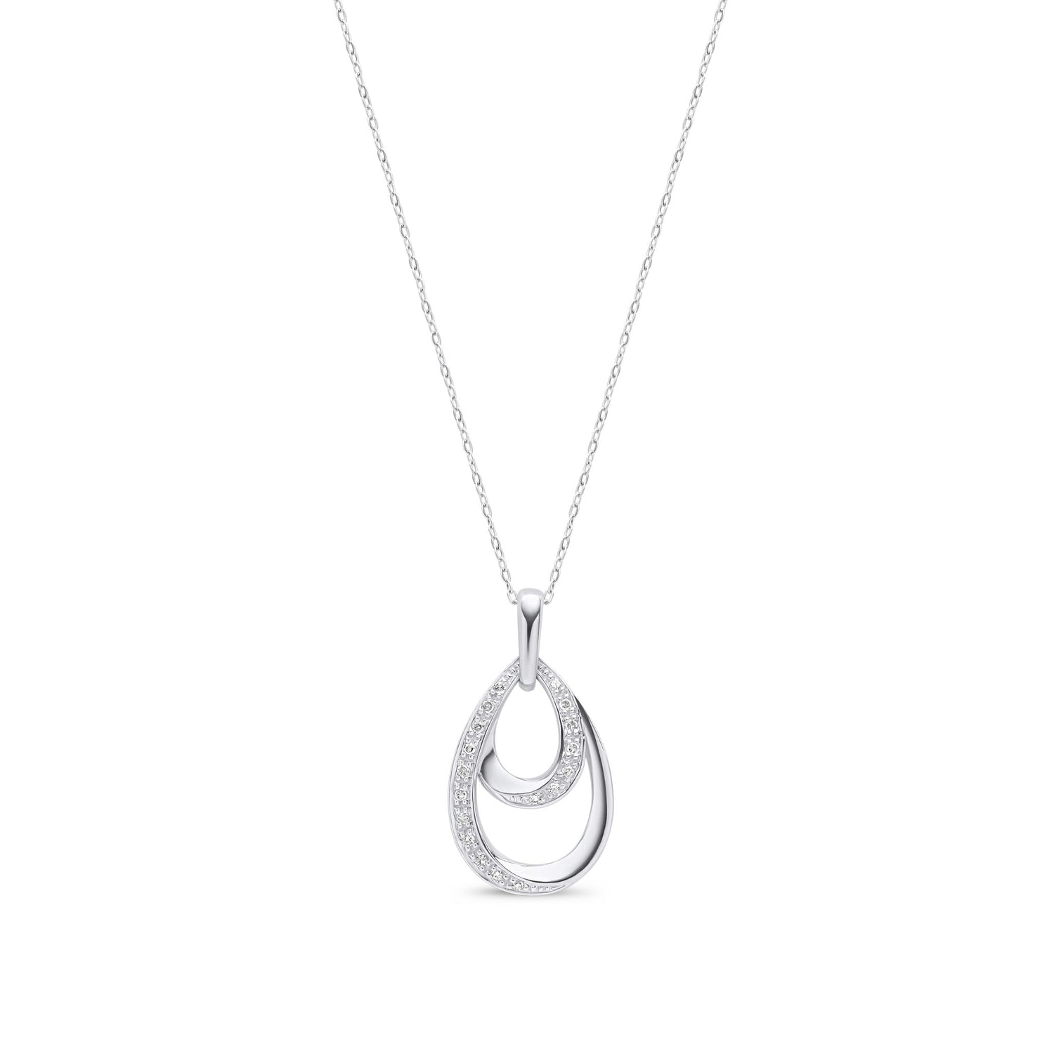 9ct White Gold Natural Round Diamond Double Teardrop Pendant
