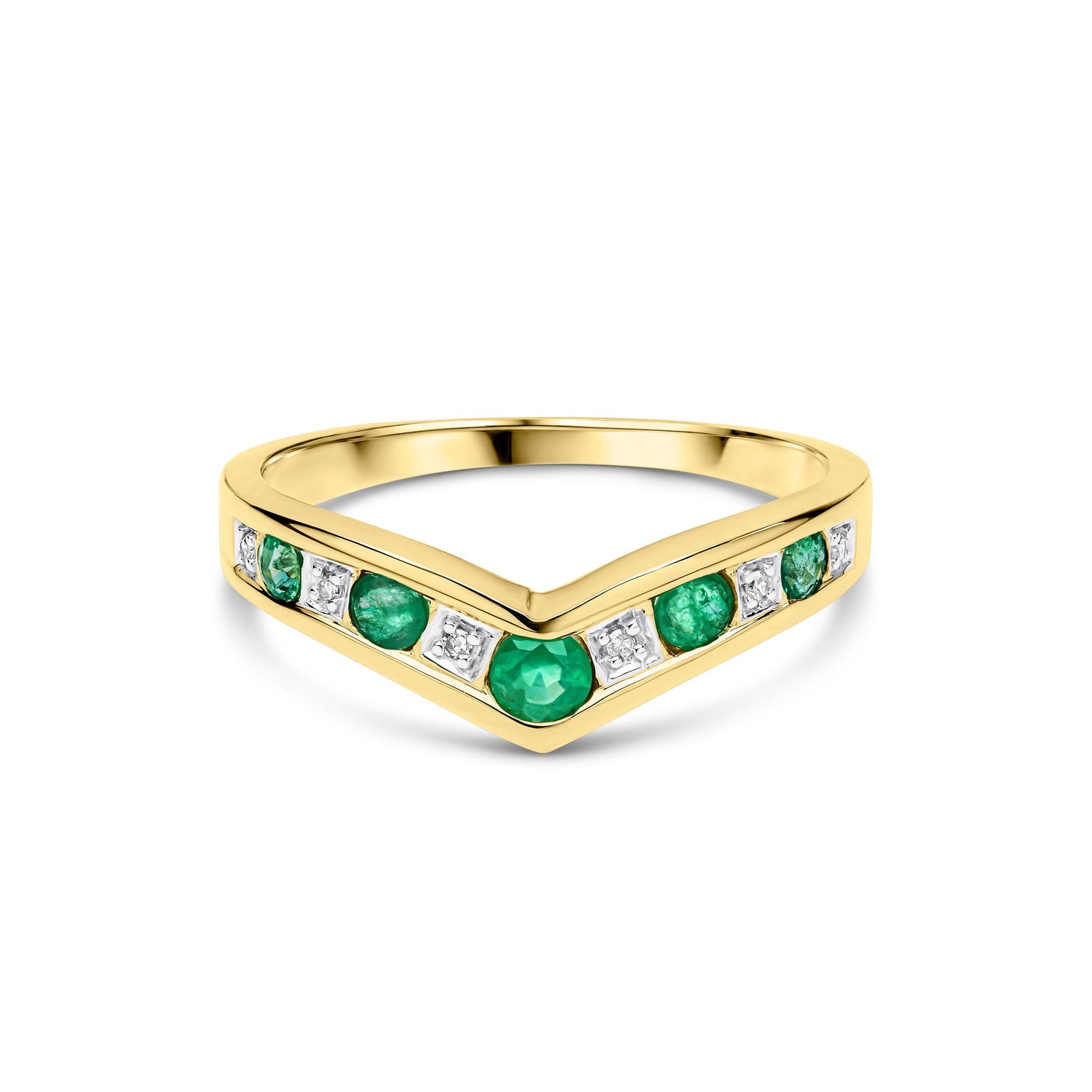 9ct Yellow Gold Round Natural Emerald and Diamond Channel Set Wishbone Eternity Ring