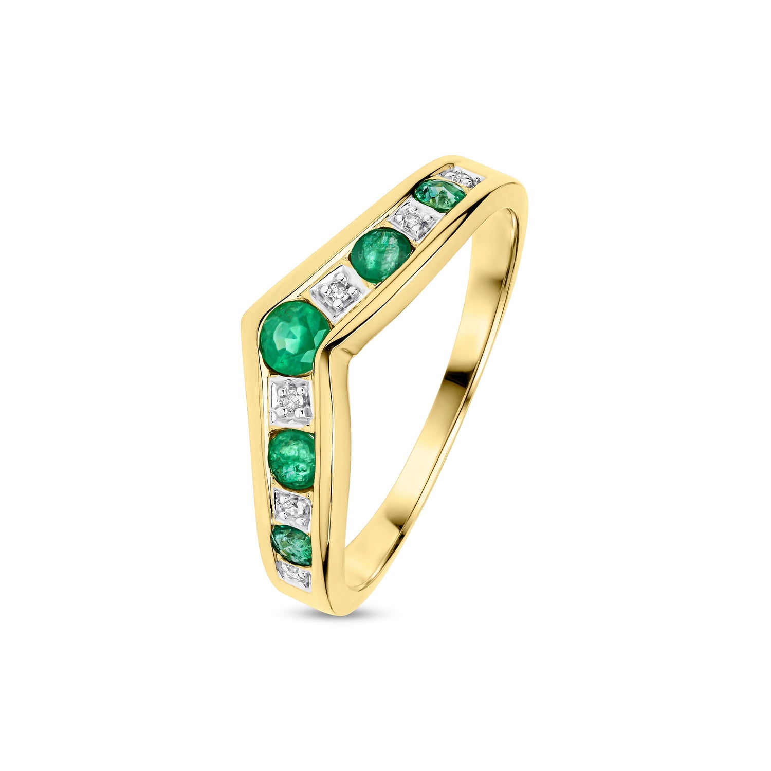 9ct Yellow Gold Round Natural Emerald and Diamond Channel Set Wishbone Eternity Ring