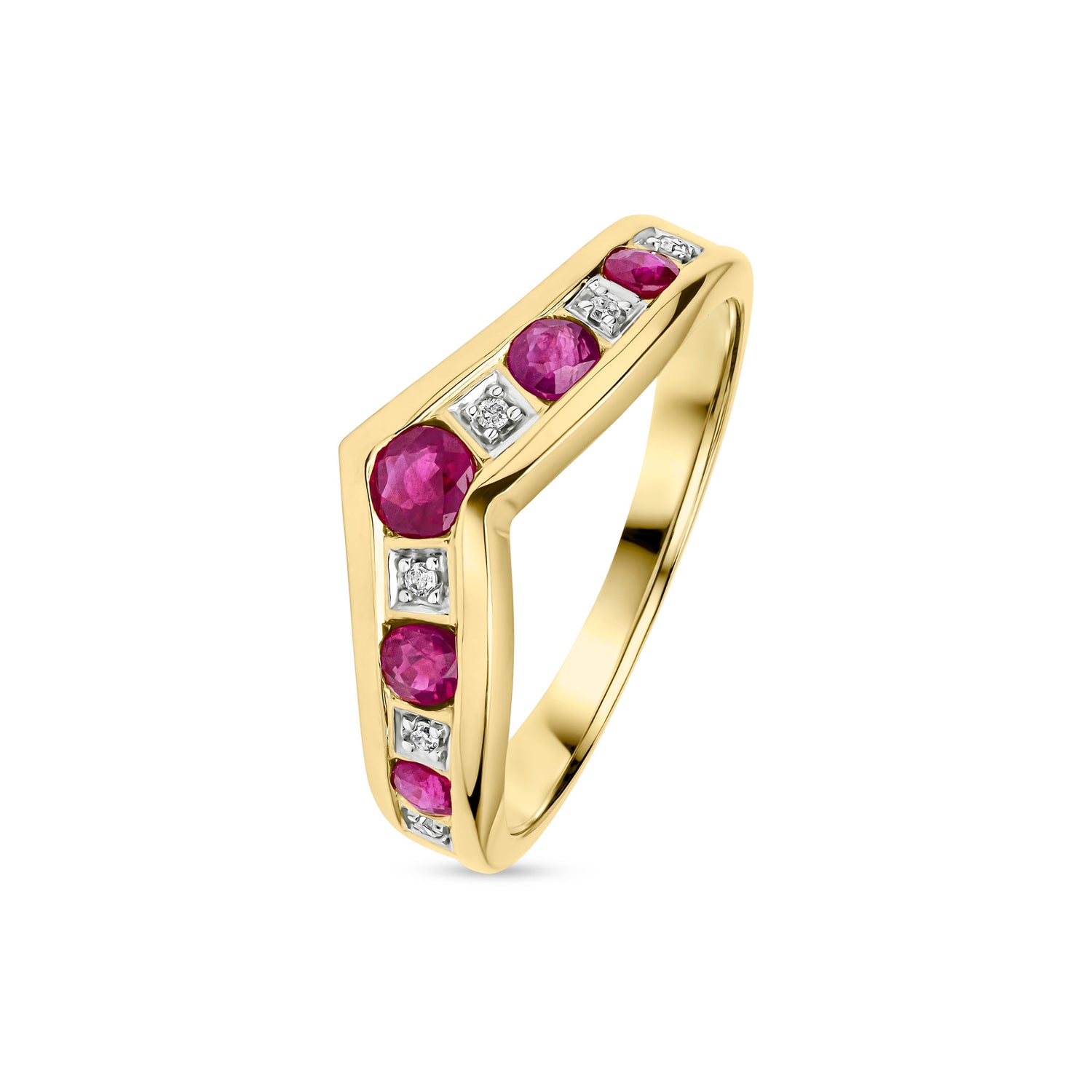 9ct Yellow Gold Round Natural Ruby and Diamond Channel Set Wishbone Eternity Ring