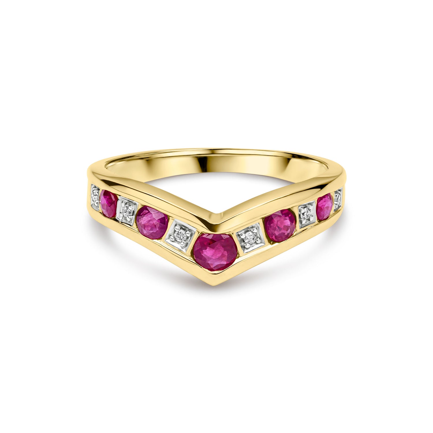 9ct Yellow Gold Round Natural Ruby and Diamond Channel Set Wishbone Eternity Ring