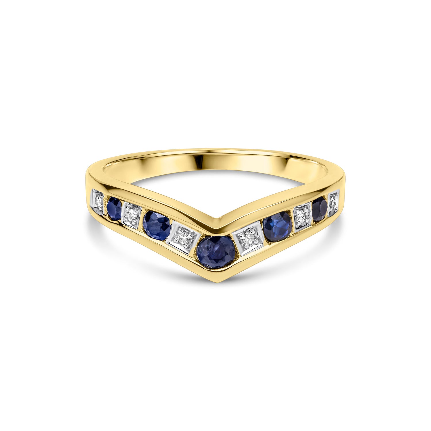 9ct Yellow Gold Round Natural Blue Sapphire and Diamond Channel Set Wishbone Eternity Ring