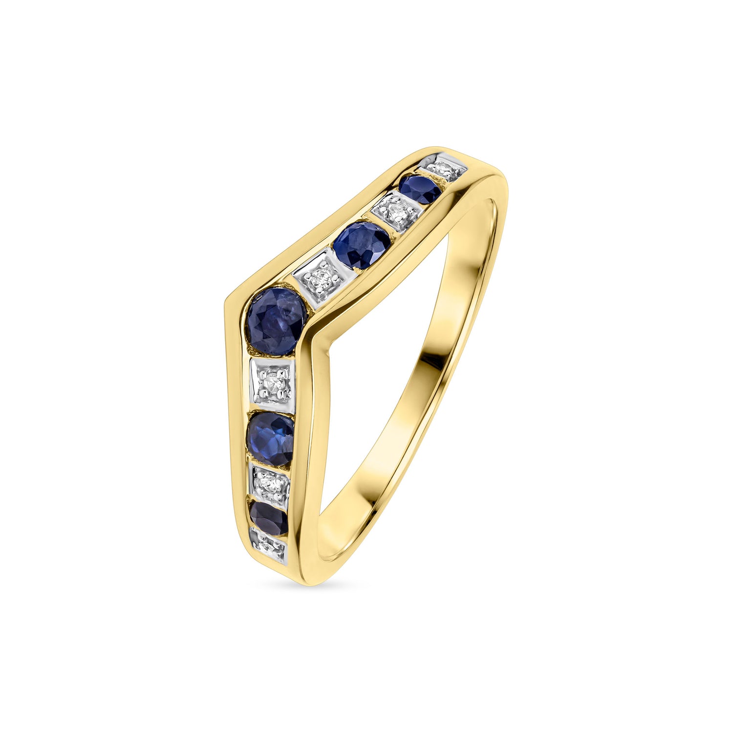 9ct Yellow Gold Round Natural Blue Sapphire and Diamond Channel Set Wishbone Eternity Ring
