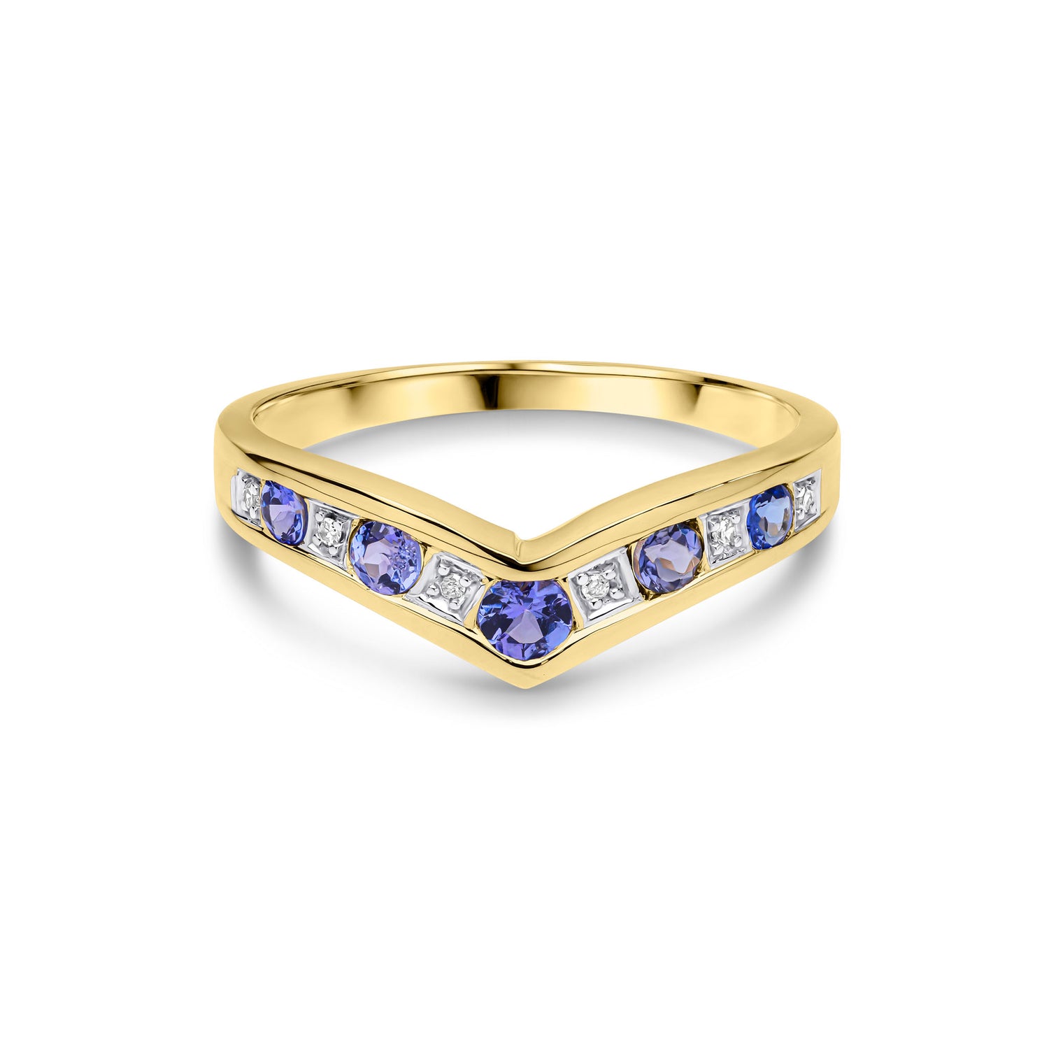 9ct Yellow Gold Round Natural Tanzanite and Diamond Channel Set Wishbone Eternity Ring