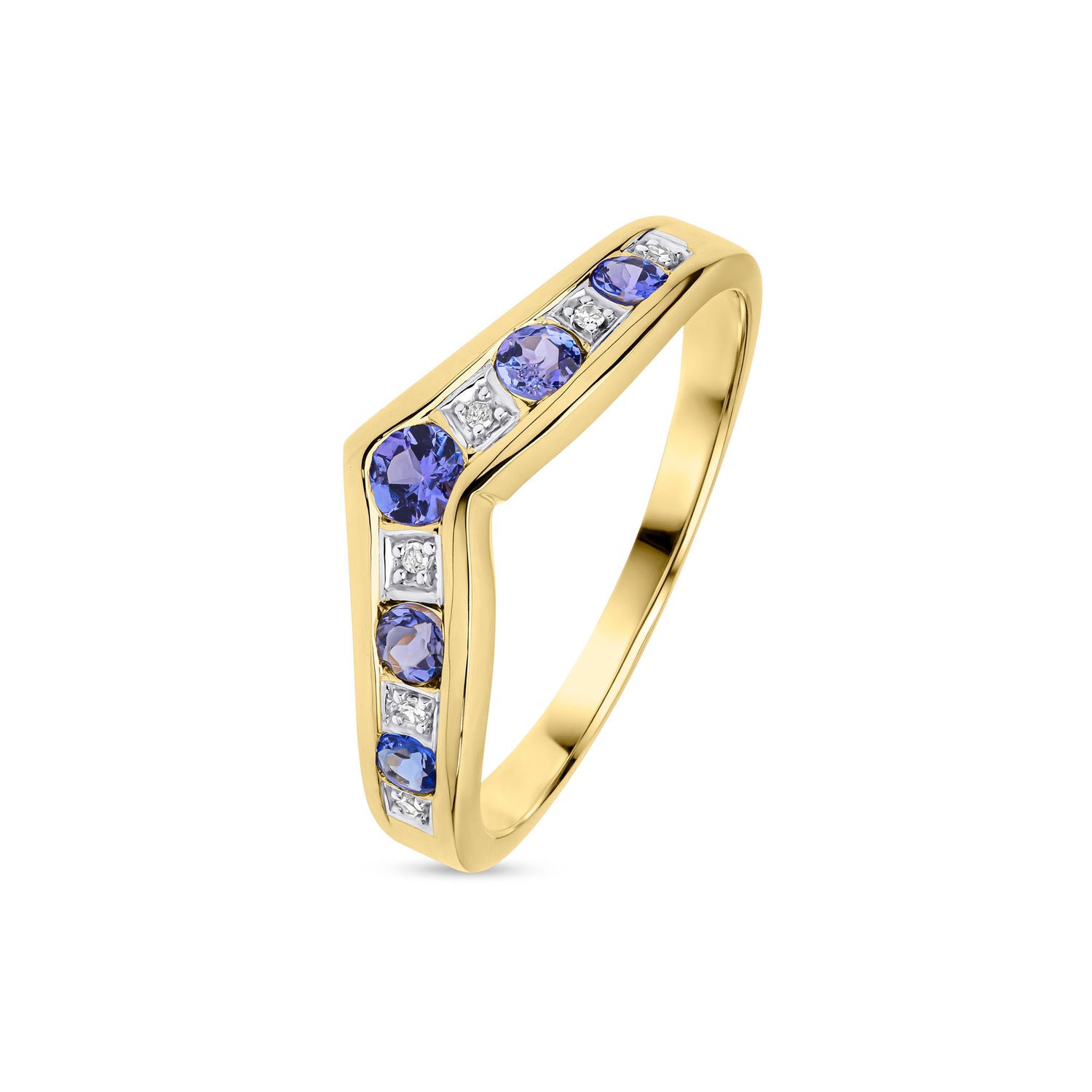 9ct Yellow Gold Round Natural Tanzanite and Diamond Channel Set Wishbone Eternity Ring