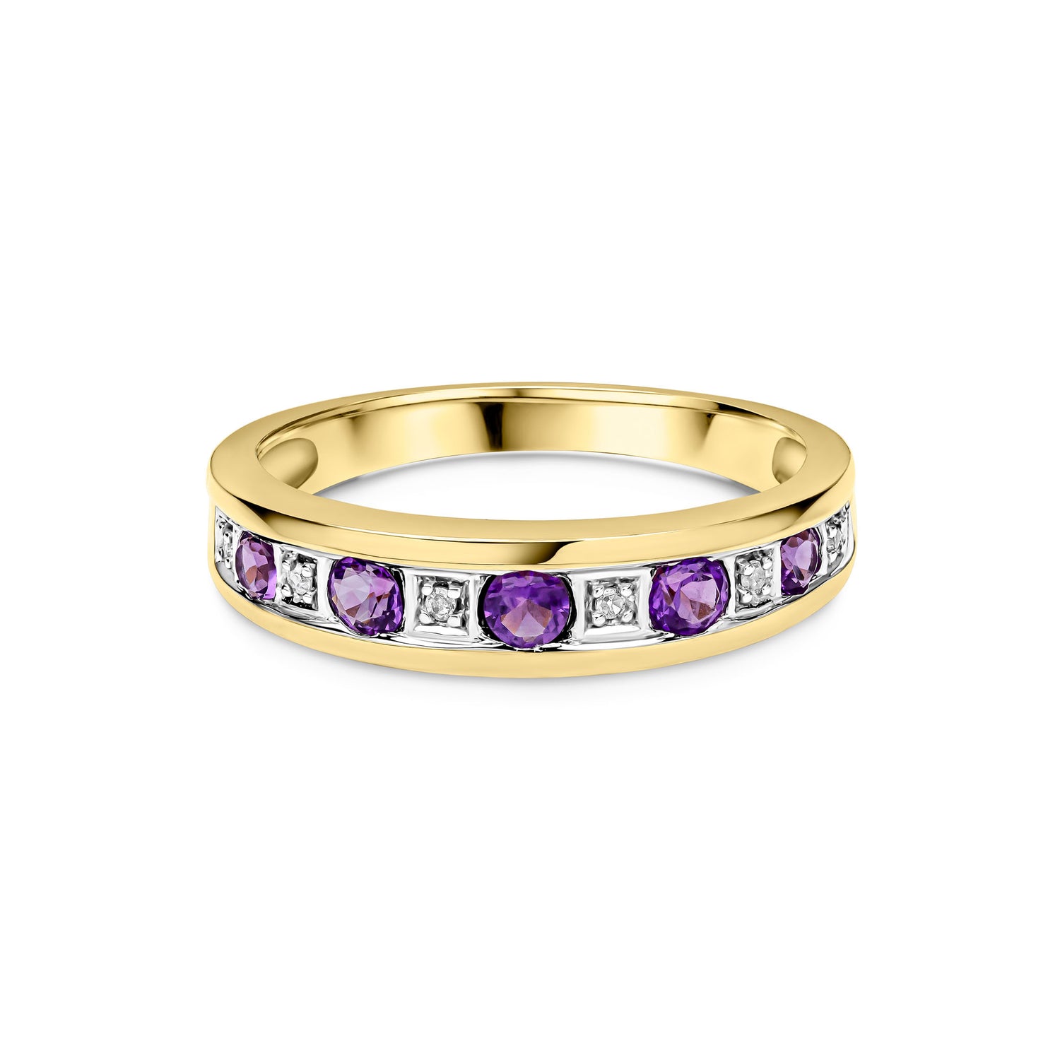 9ct Yellow Gold Natural Round Amethyst and Diamond Channel Set Half Eternity Ring