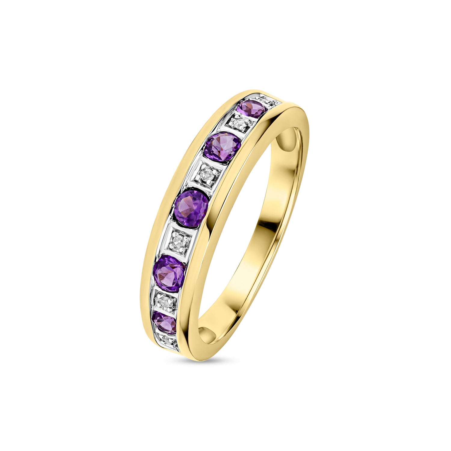 9ct Yellow Gold Natural Round Amethyst and Diamond Channel Set Half Eternity Ring