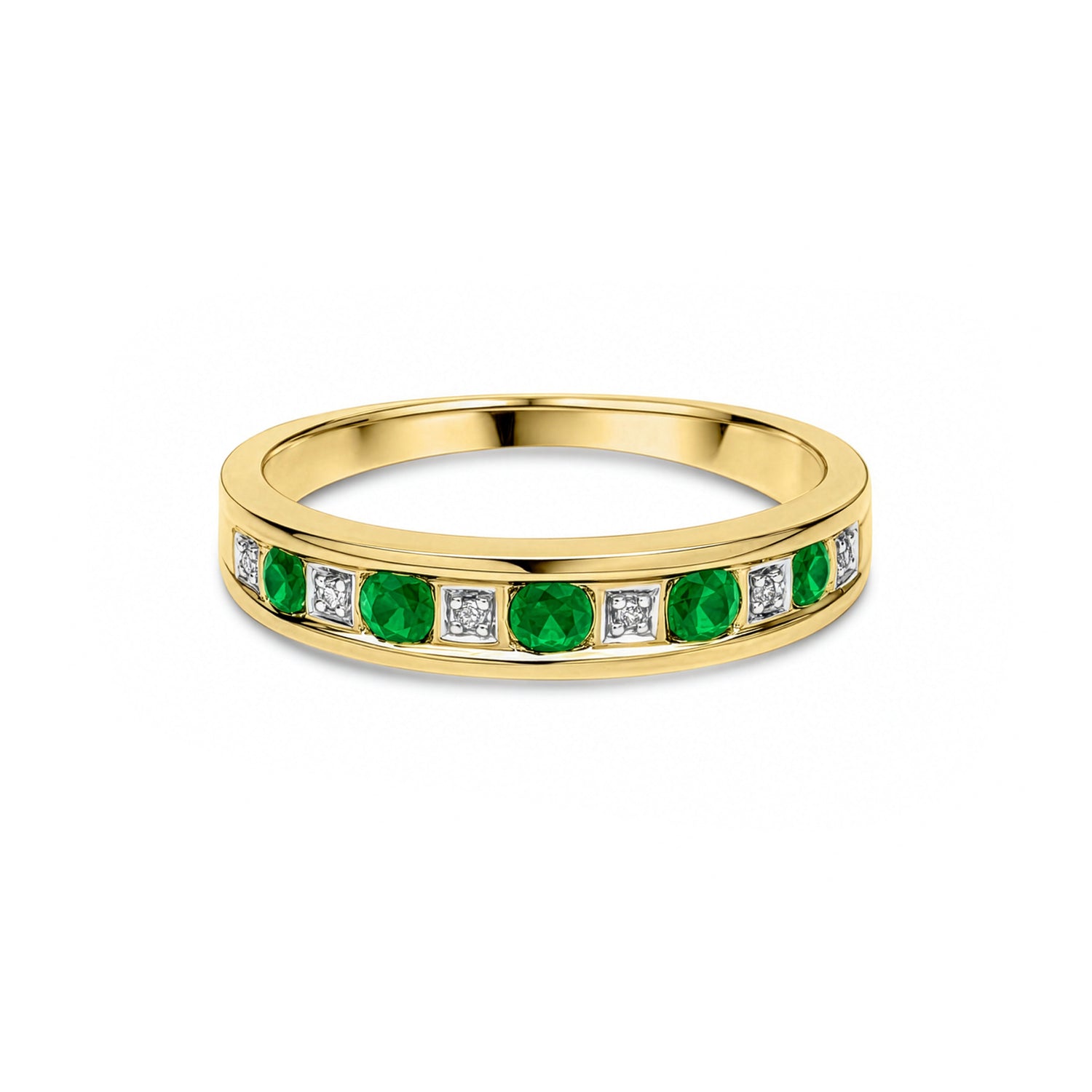 9ct Yellow Gold Natural Round Emerald and Diamond Channel Set Half Eternity Ring