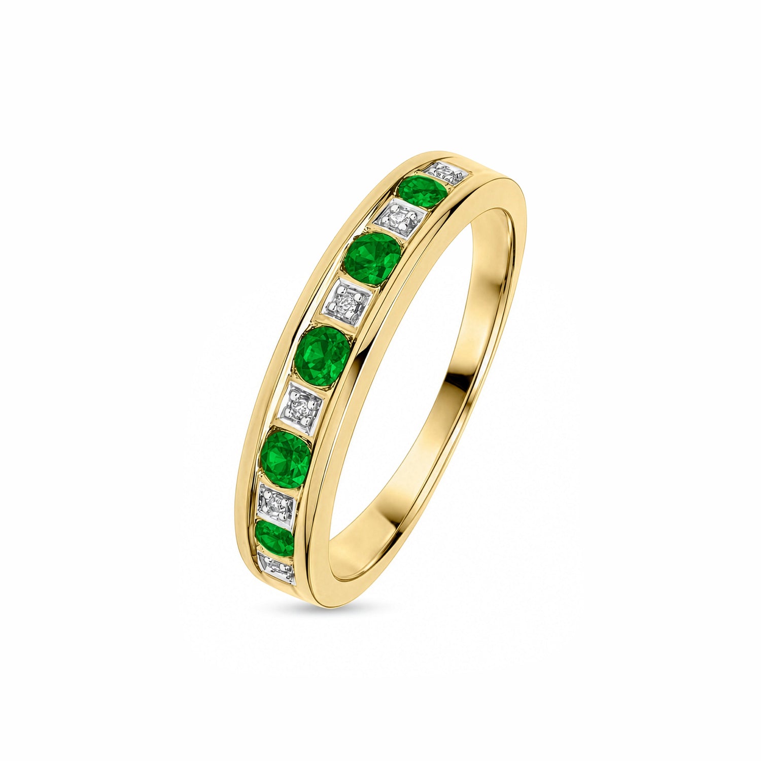 9ct Yellow Gold Natural Round Emerald and Diamond Channel Set Half Eternity Ring