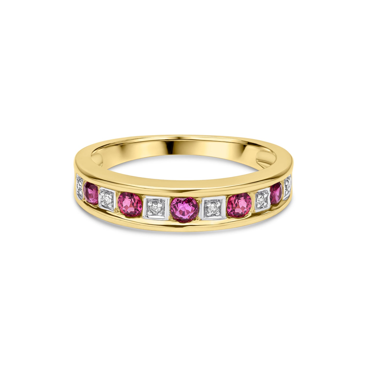 9ct Yellow Gold Natural Round Ruby and Diamond Channel Set Half Eternity Ring