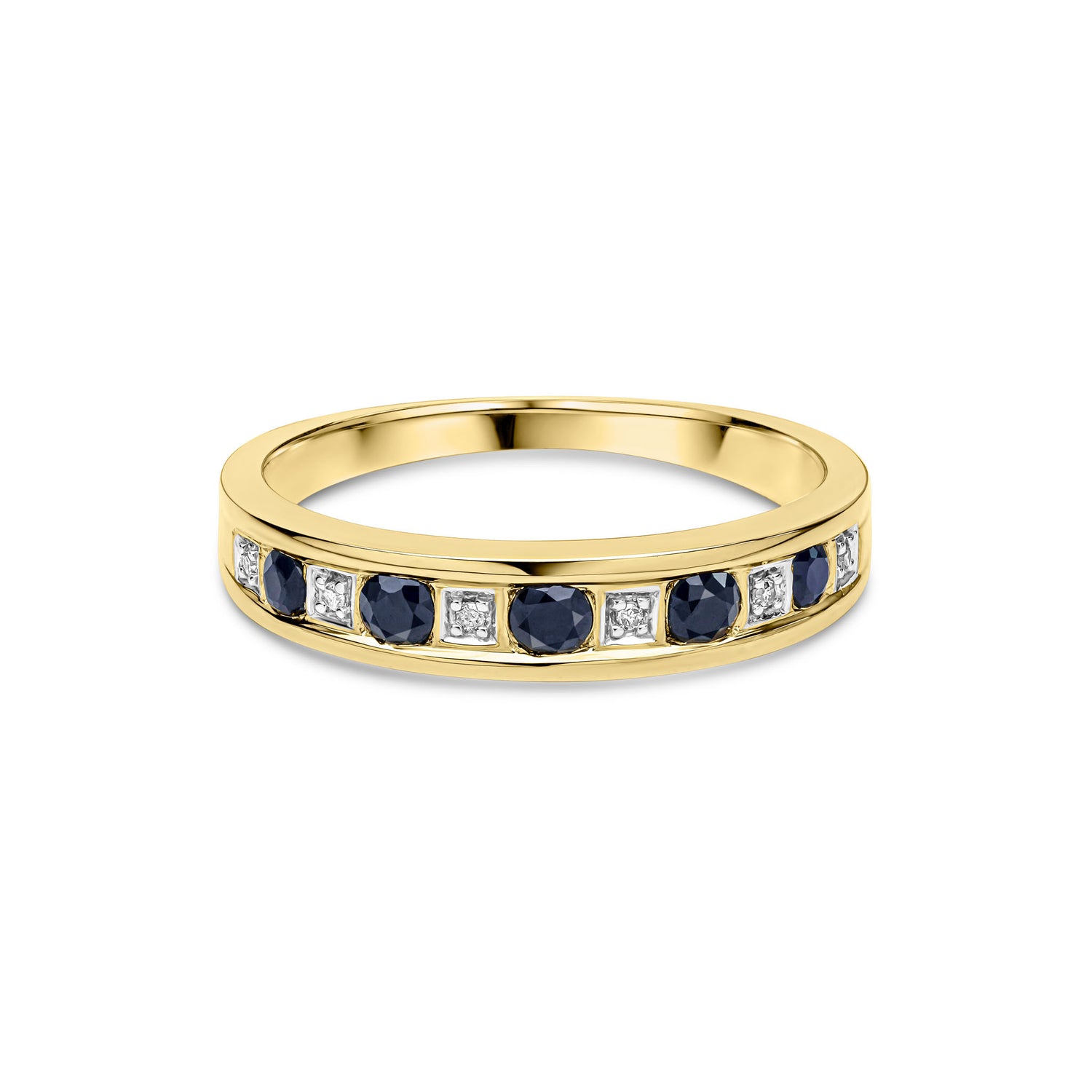 9ct Yellow Gold Natural Round Sapphire and Diamond Channel Set Half Eternity Ring