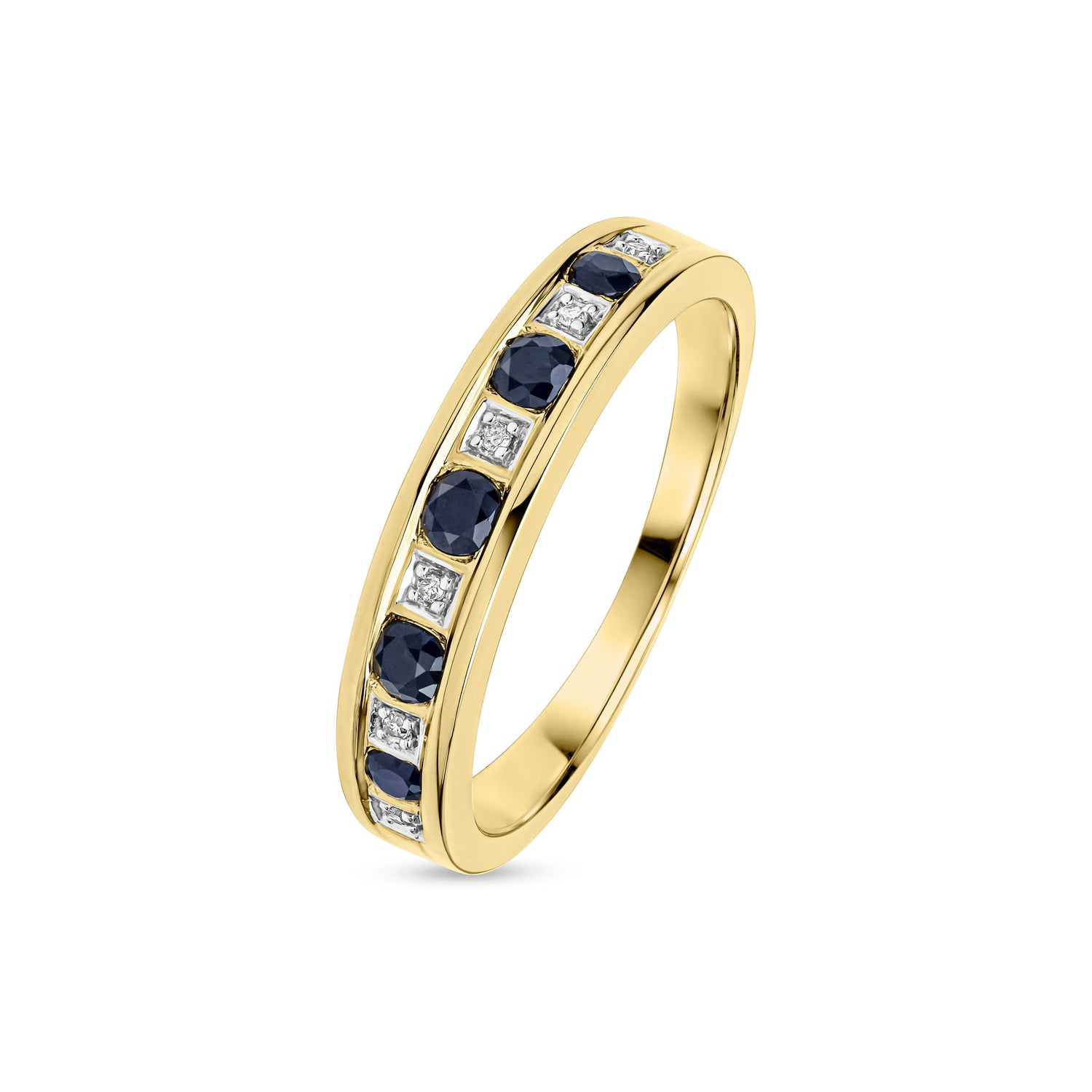 9ct Yellow Gold Natural Round Sapphire and Diamond Channel Set Half Eternity Ring