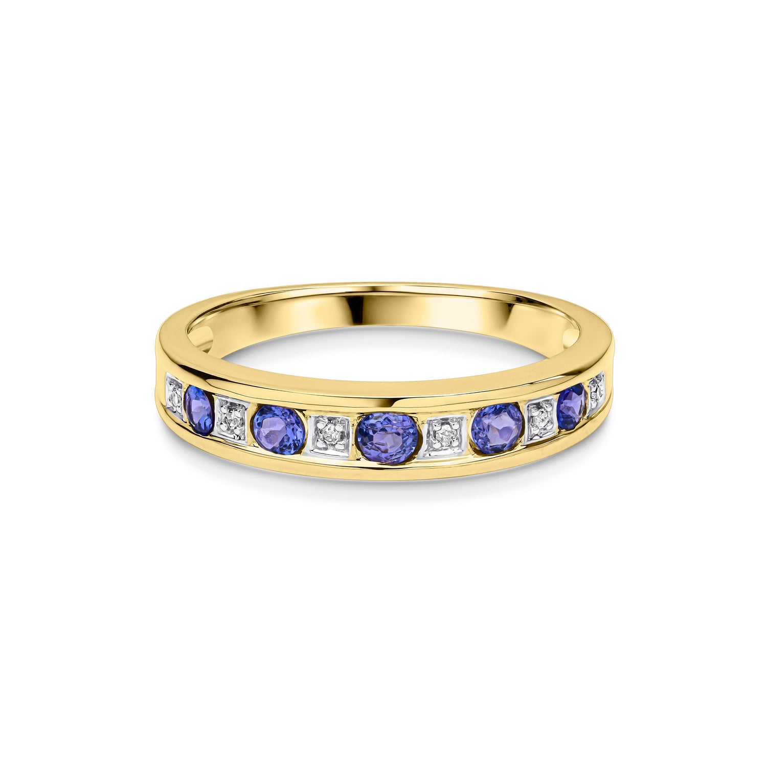 9ct Yellow Gold Natural Round Tanzanite and Diamond Channel Set Half Eternity Ring