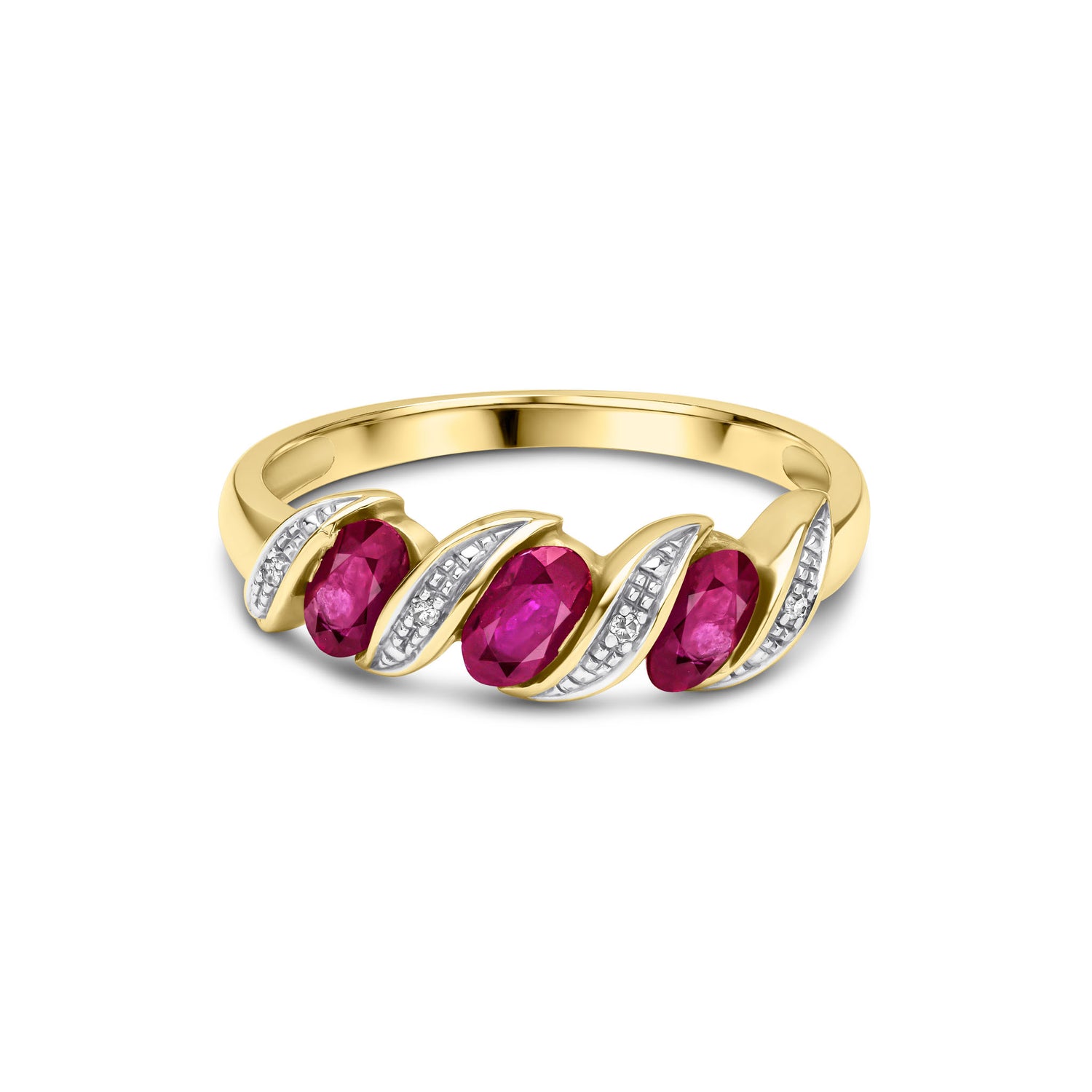 9ct Yellow Gold Natural Oval Ruby and Round Diamond Twist Half Eternity Ring — 5x3mm