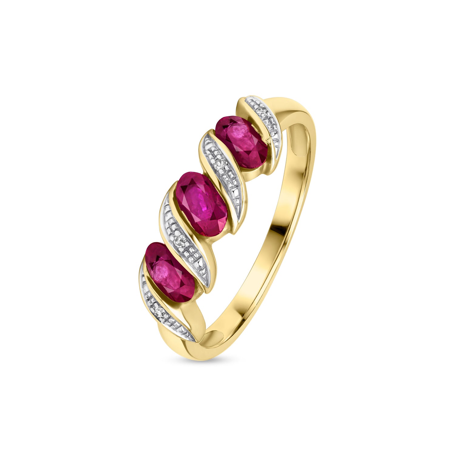9ct Yellow Gold Natural Oval Ruby and Round Diamond Twist Half Eternity Ring — 5x3mm
