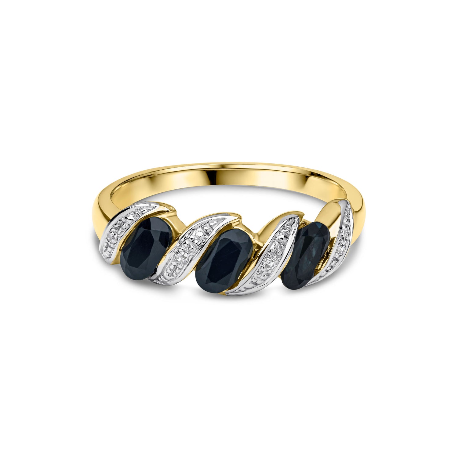9ct Yellow Gold Natural Oval Sapphire and Round Diamond Twist Half Eternity Ring — 5x3mm