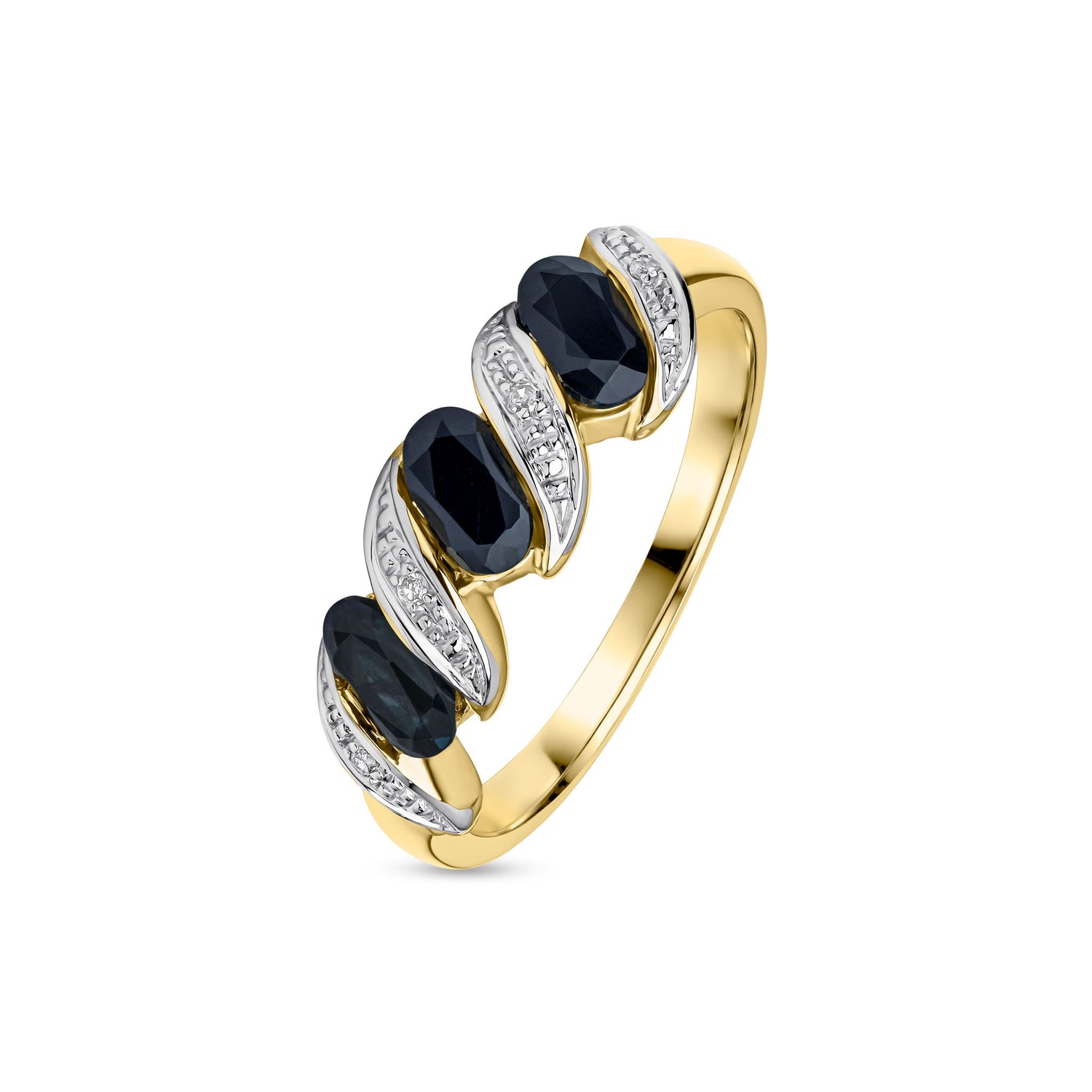 9ct Yellow Gold Natural Oval Sapphire and Round Diamond Twist Half Eternity Ring — 5x3mm