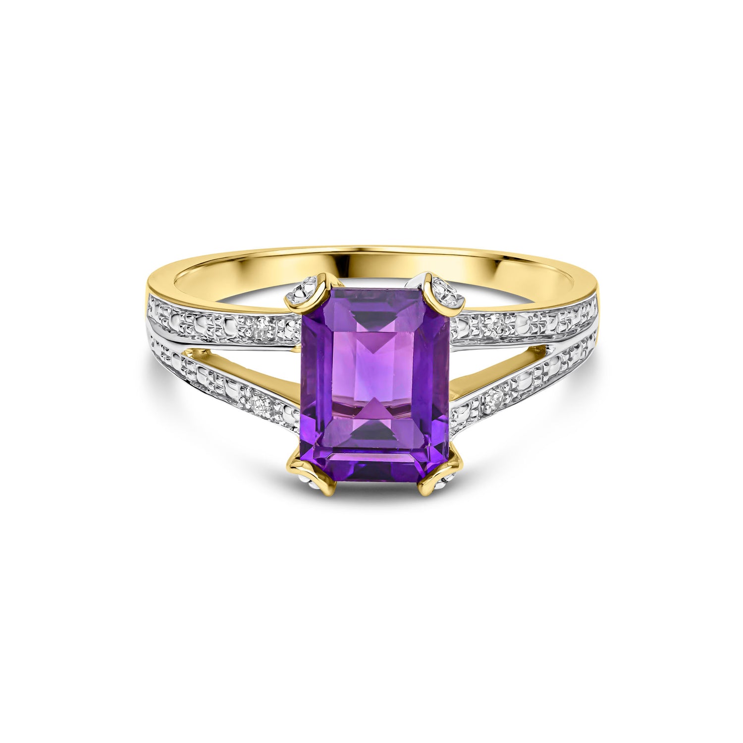 9ct Yellow Gold Natural Emerald Cut Amethyst and Round Diamond Split Shoulder Ring — 8x6mm
