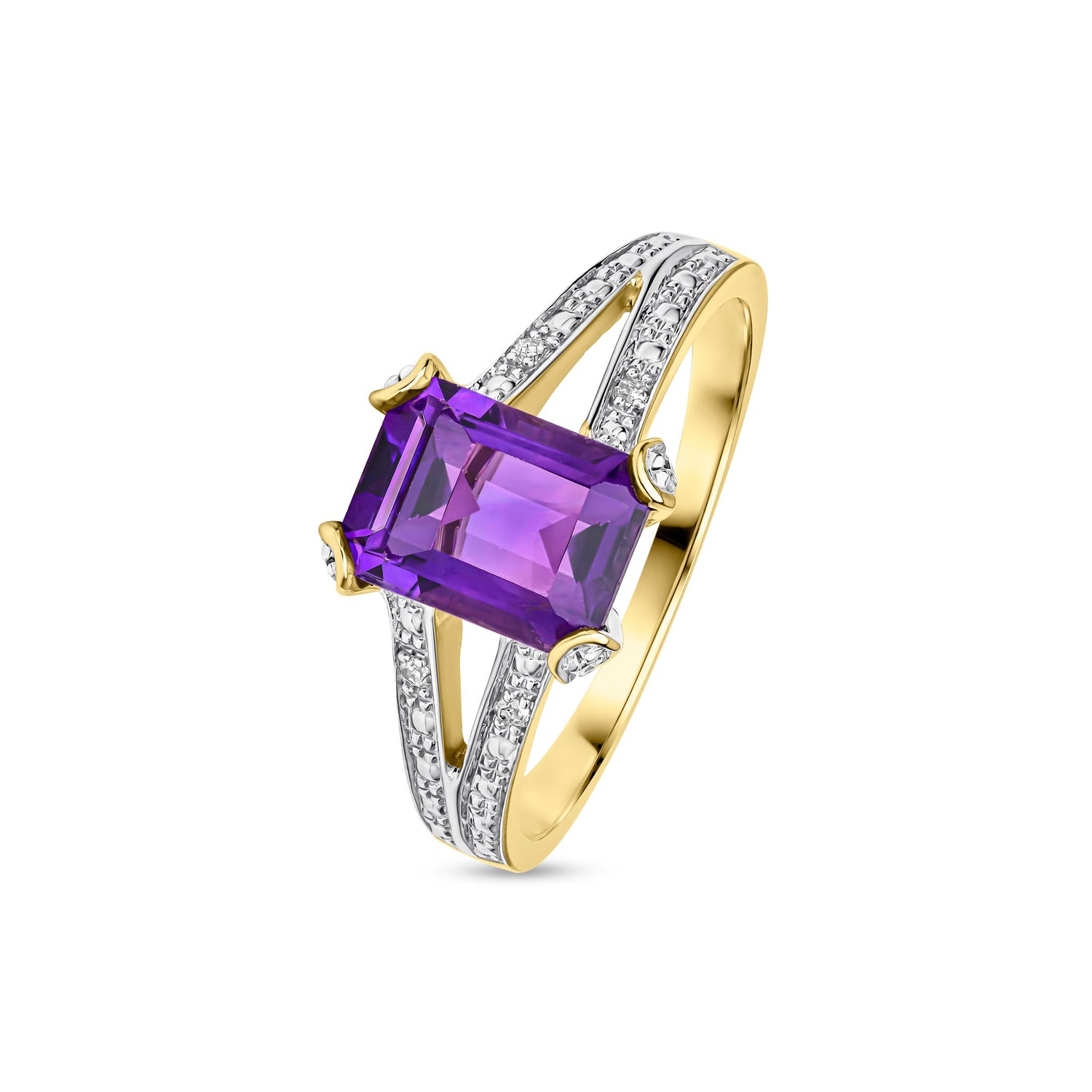 9ct Yellow Gold Natural Emerald Cut Amethyst and Round Diamond Split Shoulder Ring — 8x6mm
