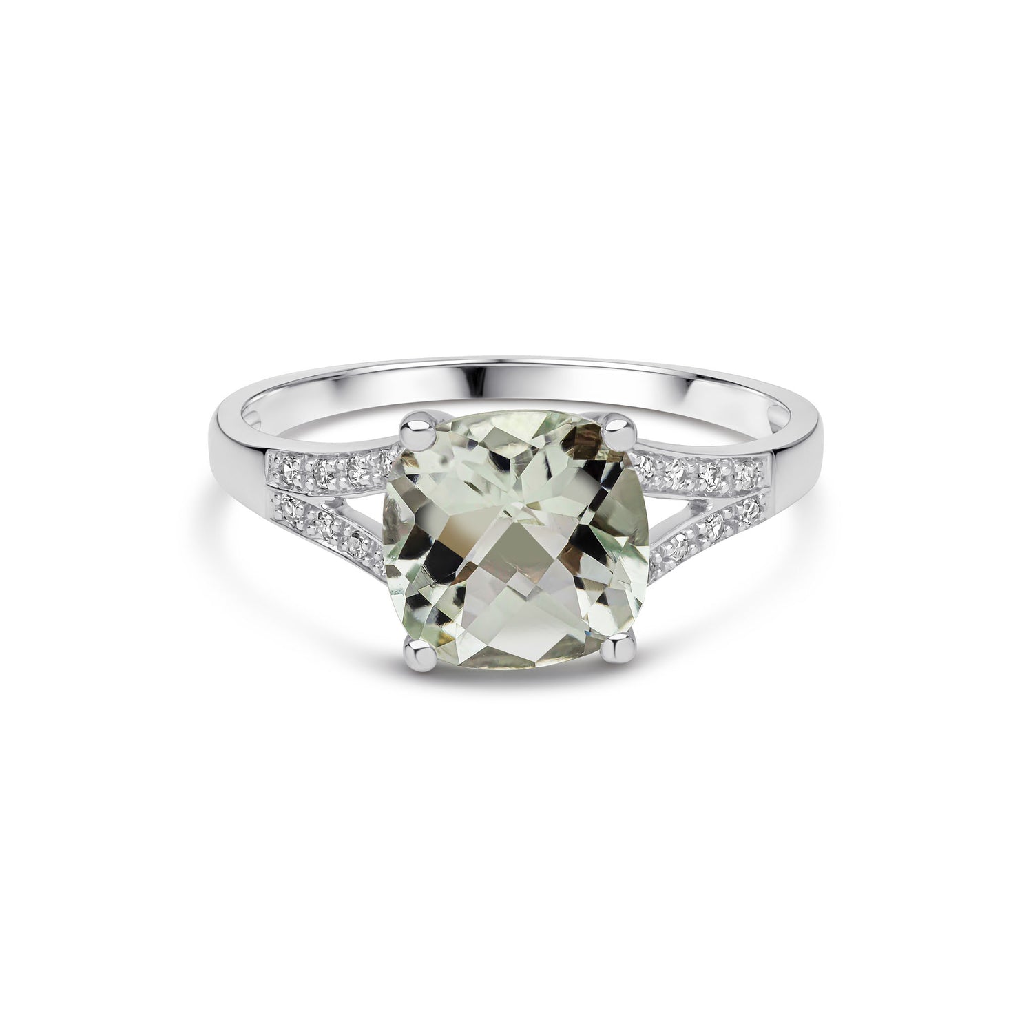 9ct White Gold Natural Cushion Cut Green Amethyst and Round Diamond Split Shoulder Ring — 8x8mm